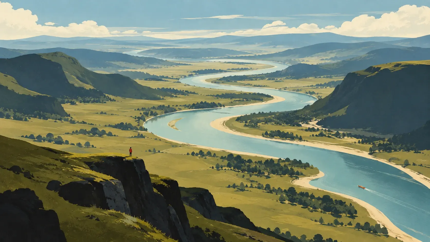 A surreal panoramic landscape viewed from a very high aerial perspective, designed as a 16:9 website hero. An enormous milky-blue river snakes dramatically through a vast ochre and muted-green valley, forming an elegant continuous S-curve from the far horizon to the lower-right foreground. Tiny clusters of trees and one microscopic red boat reveal the immense scale. Steep rounded hills surround the river, with only a small portion of pale cloudy sky visible at the top. Simplified painterly terrain, bold organic shapes, subtle vintage print grain, slightly desaturated colors, no mountains dominating the composition, no desert, no giant sun, sophisticated editorial landscape illustration, cinematic negative space, no text.
