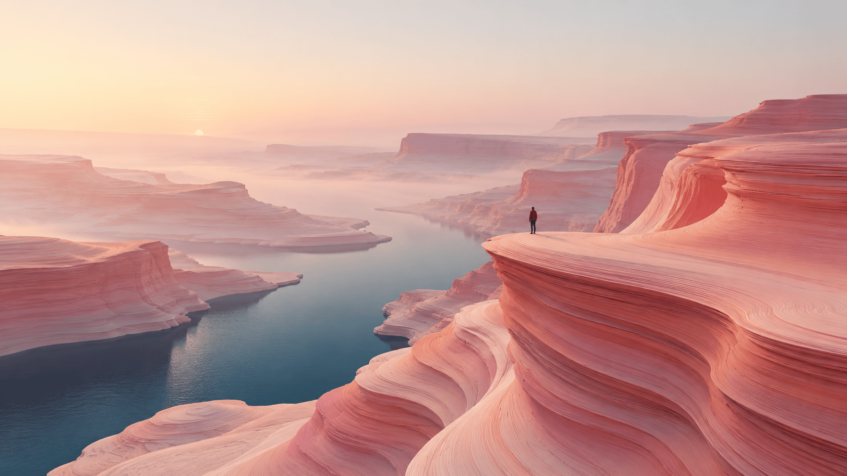 A vast surreal canyon made from smooth dusty-pink sedimentary cliffs, enormous flowing geological layers stacked like soft paper, deep narrow valley between them, one tiny person standing on a ridge for scale, pale cream sky, soft morning haze, subtle shadows, minimal composition, elegant muted palette, tactile layered surfaces, cinematic editorial landscape, no vegetation, no buildings, no clutter, 16:9 wide website hero, large clean negative space in the upper-left for typography.