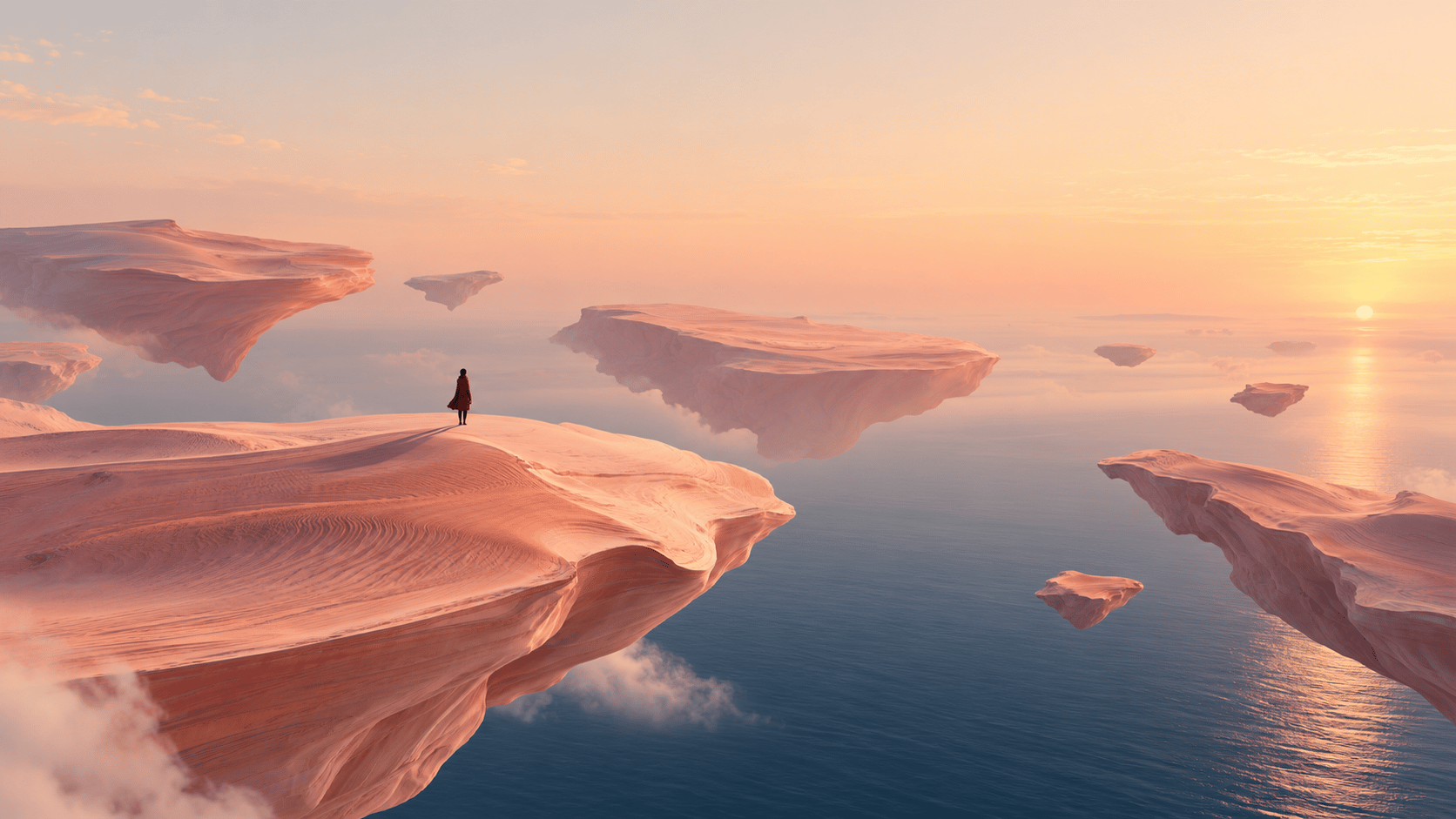 An impossible desert landscape where enormous smooth sand formations float above a calm dark-blue ocean, each island shaped like a curved sculptural dune with delicate wind patterns, several formations suspended at different distances creating depth, tiny solitary figure standing on the nearest island, warm ivory, peach and muted coral tones against deep blue water, soft atmospheric lighting, extremely clean surreal composition, 16:9 hero image with open sky across the right side for text.