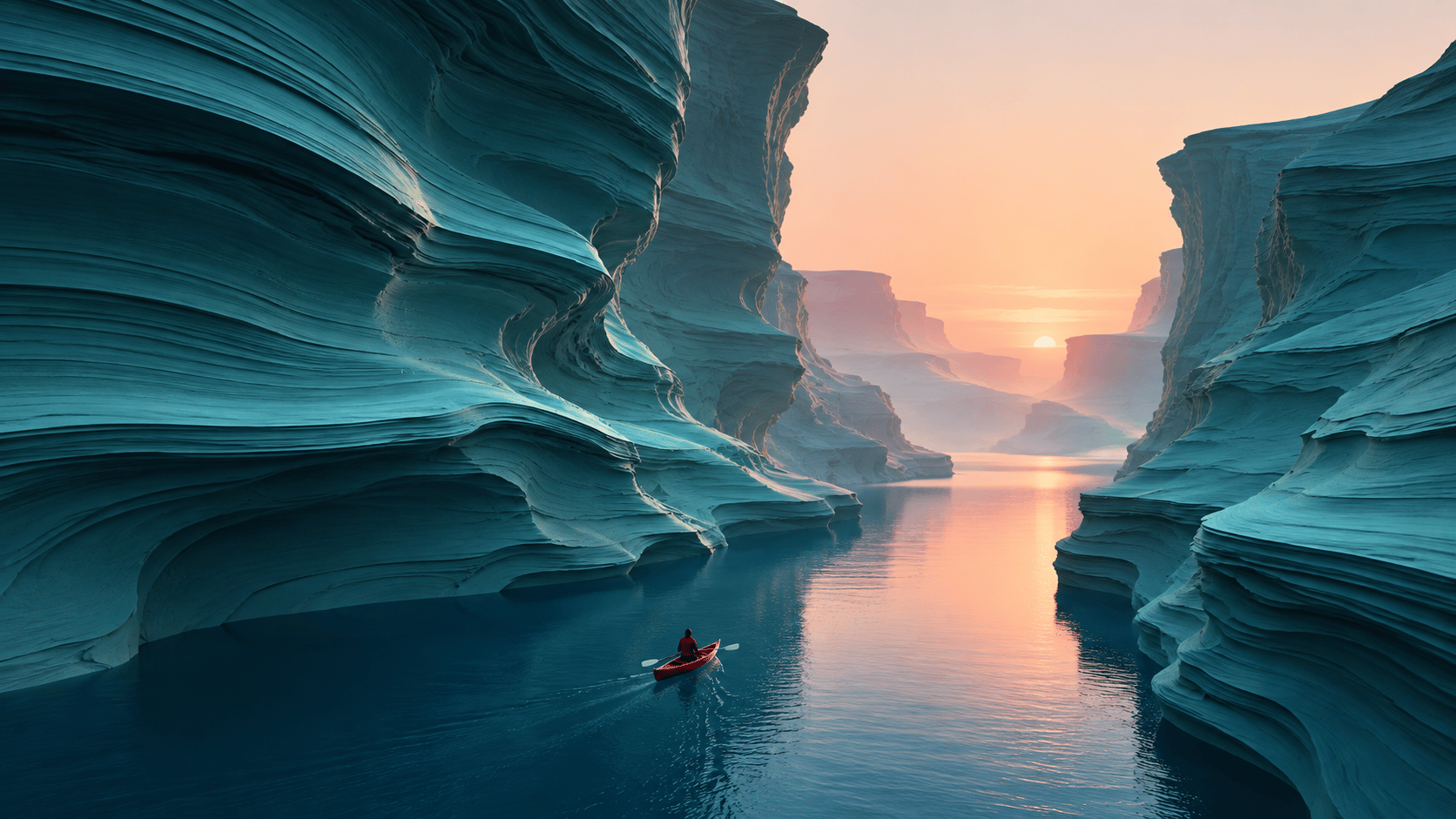 A narrow deep-blue river flowing between two gigantic turquoise rock walls, the walls formed from hundreds of irregular horizontal layers that curve organically inward like architectural arches, distant warm coral horizon visible through the opening, one tiny red canoe near the center, dramatic scale, smooth sculptural geology, rich teal and blue palette, soft reflected light, minimal cinematic composition, 16:9 hero with clean water and atmospheric space toward the center-left.