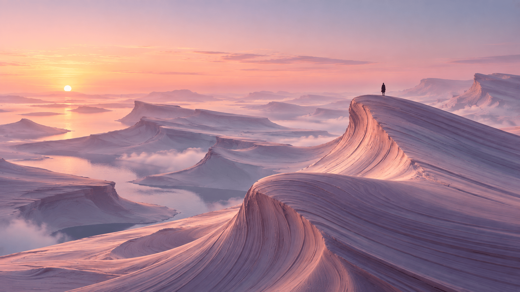 A monumental lavender landscape where enormous geological formations resemble frozen ocean waves, sweeping curved surfaces layered with thousands of delicate erosion lines, formations flowing from foreground into a pale misty horizon, one microscopic person standing on the highest crest, muted lavender, dusty mauve, pale blue and cream palette, soft sunrise illumination, elegant surreal editorial art direction, smooth tactile surfaces, 16:9 hero composition with the main wave concentrated on the lower-right and empty atmosphere above.