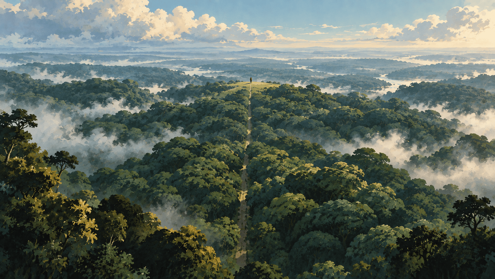 A surreal panoramic landscape seen from above a dense ancient forest, 16:9 website hero. The entire lower frame is an enormous abstract canopy made of hundreds of overlapping rounded dark-green and emerald tree crowns, forming a flowing organic texture like a living ocean. A perfectly straight narrow pale path cuts through the forest from the bottom center toward a tiny clearing on the distant horizon, where a single person stands. Mist floats between the trees, with soft cream sunlight breaking through in only a few places. Rich natural greens, muted yellow highlights, hand-painted texture, subtle grain, mysterious atmosphere, highly simplified shapes, no mountains, no desert, no sand dunes, no giant moon, editorial art direction.