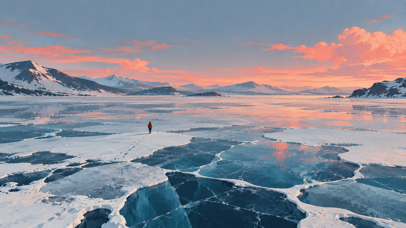 A minimalist surreal Arctic landscape in a wide 16:9 composition. A vast frozen lake stretches horizontally across the frame, covered with enormous irregular geometric cracks and translucent pale-blue ice shapes. A tiny solitary figure in a bright orange coat walks across the ice near the center, leaving a delicate trail of footprints. In the far background, low rounded snow-covered hills disappear into white atmospheric haze. The sky is nearly the same color as the lake, creating an almost abstract horizonless world. Soft icy blue, ivory and muted orange palette, subtle grain, matte paper texture, extremely clean shapes, quiet dreamlike mood, no desert, no tropical vegetation, no giant sun, premium editorial landscape illustration.