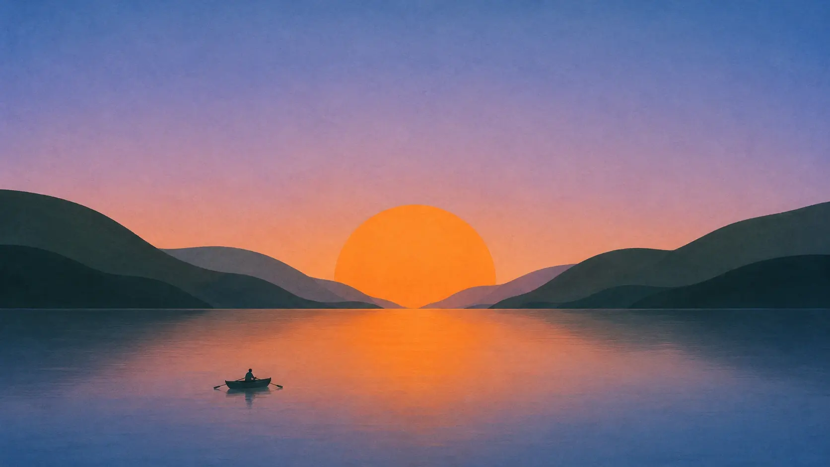 Minimalist digital landscape illustration of a tiny rowboat floating on a perfectly calm lake, enormous orange sun sinking behind layered dark green rounded hills, blue-to-lavender sky gradient, warm reflection spreading across the water, simplified organic shapes, subtle paper grain, soft atmospheric texture, serene cinematic composition, clean stylized artwork, 16:9