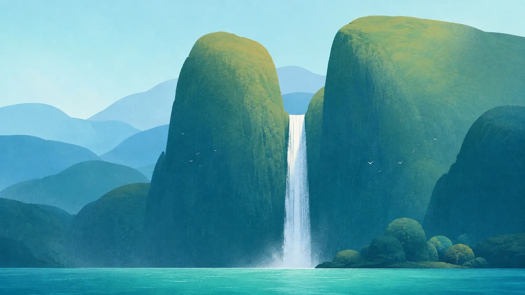 Stylized digital landscape illustration of a tall narrow waterfall descending between enormous rounded green cliffs, pale blue sky, layered blue mountains in the distance, turquoise water at the bottom, soft gradients and subtle grain texture, simplified shapes, gentle atmospheric depth, tiny birds for scale, calm cinematic composition, 16:9