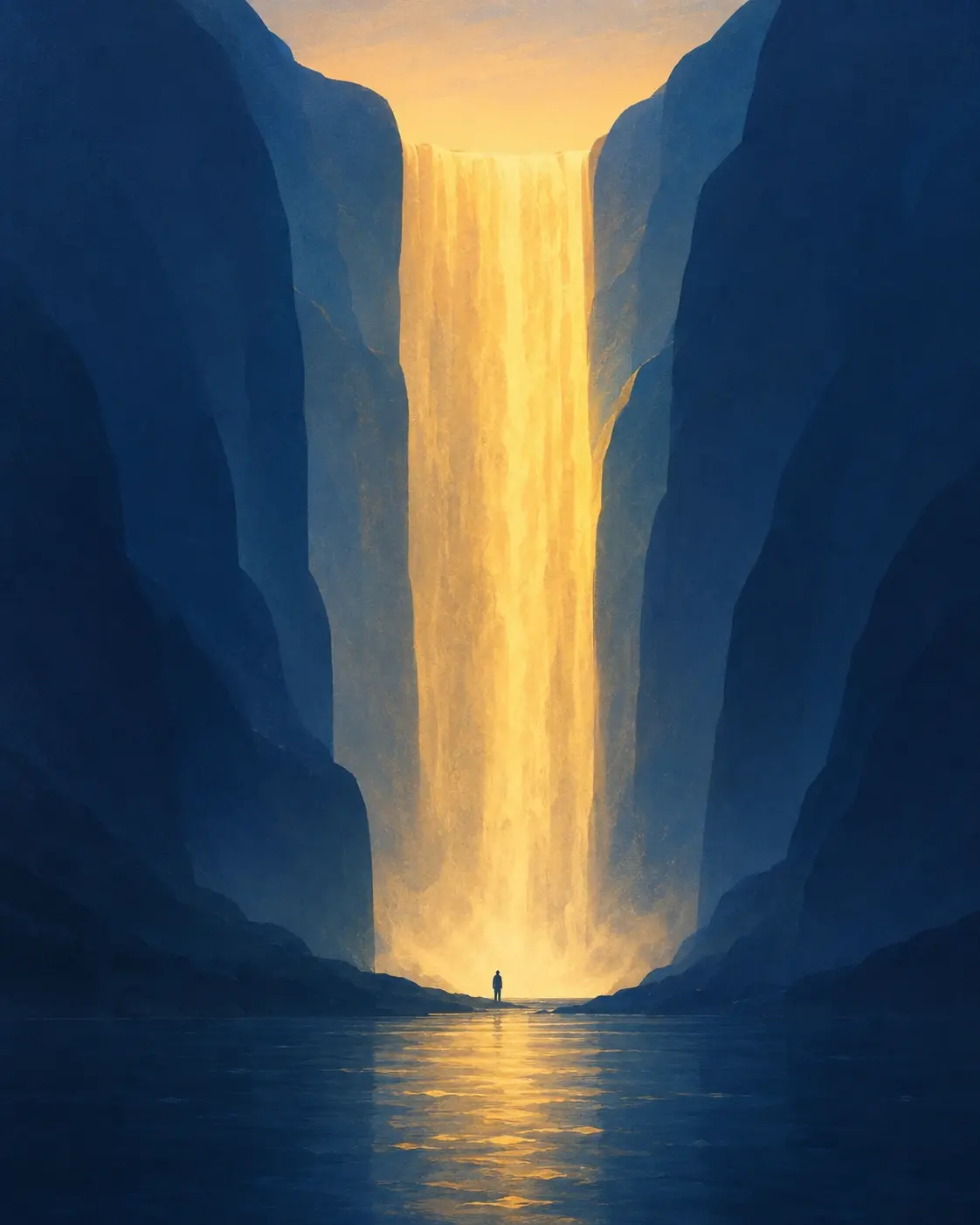 Minimalist digital landscape illustration of an enormous waterfall falling vertically between two towering deep-blue cliffs, warm golden sunlight illuminating the falling water, tiny person standing at the bottom for scale, dark blue pool with soft reflection, simplified organic shapes, atmospheric gradients, subtle grain texture, serene cinematic artwork, 4:5