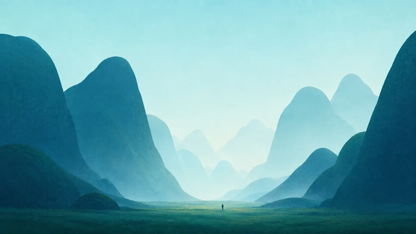 Minimalist digital illustration of a tiny lone person standing in a vast blue-green valley, enormous smooth rounded mountains surrounding them, distant pale mountains disappearing into mist, soft cyan sky, simple layered shapes, subtle grain, strong sense of scale and emptiness, tranquil cinematic composition, 16:9
