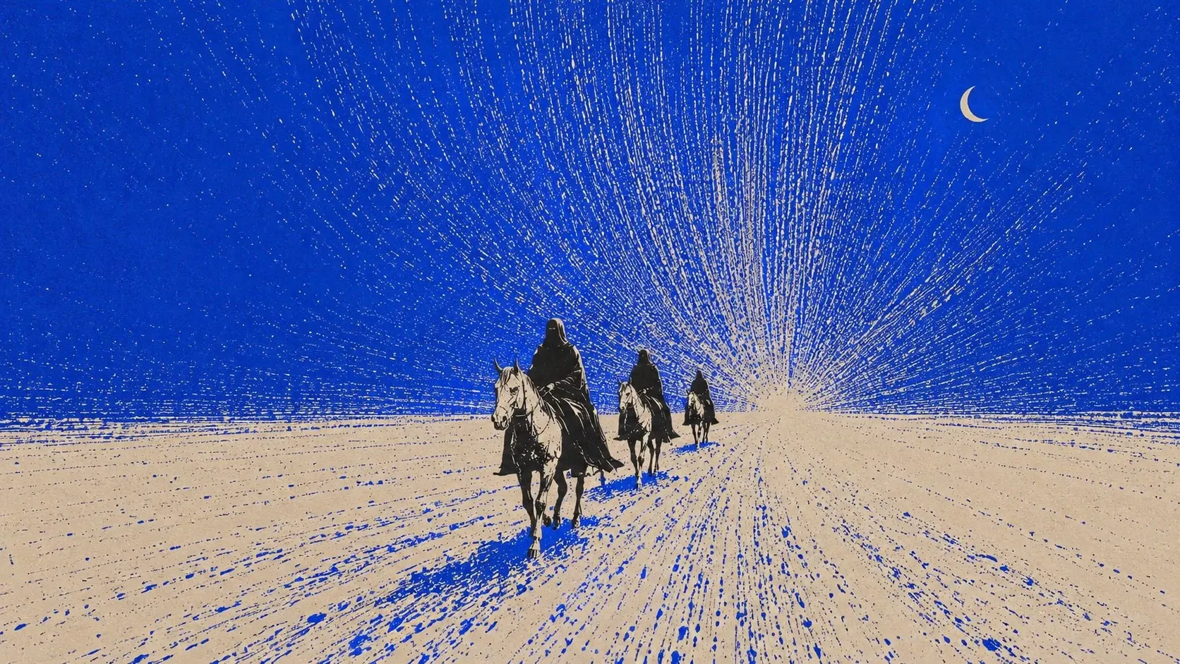A surreal vintage print-style illustration of three mysterious riders on horseback traveling slowly across an enormous empty cream-colored landscape beneath a vast saturated cobalt-blue night sky, the riders appearing as tiny dark navy silhouettes with long flowing cloaks, the nearest rider positioned slightly left of center and noticeably larger while two riders follow behind in diminishing scale, creating strong atmospheric perspective. Behind the riders, an enormous explosive radial field of thousands of thin cream-colored hand-printed lines and irregular stippled marks erupts from a point near the distant horizon, spreading outward across the cobalt sky like a cosmic explosion, starburst, solar radiation and an astronomical event simultaneously. The radial marks should become increasingly sparse as they travel toward the edges. The ground is warm aged ivory with rough blue ink marks, scattered stippling, distressed printing imperfections and horizontal textured strokes. The horses are rendered as simplified but recognizable dark silhouettes with cream highlights and rough ink edges. A small thin crescent moon hangs in the upper-right corner. Sparse tiny cream stars are scattered across the cobalt sky. Extremely limited two-color visual language: saturated cobalt blue, warm parchment ivory and tiny near-black navy accents. Screen-print / risograph / vintage lithographic texture, visible paper grain, uneven ink density, distressed halftone dots, rough hand-printed edges, imperfect registration, organic stippling, subtle ink bleeding, no smooth digital gradients. Wide cinematic 16:9 composition, enormous sky, tiny travelers, dramatic vanishing point, surreal sense of scale, mysterious solitary journey, editorial poster artwork, poetic cosmic symbolism, no text, no typography, no modern graphic design elements. COMPOSITION: vertical hero composition, riders positioned near center, sky occupying most of the frame.