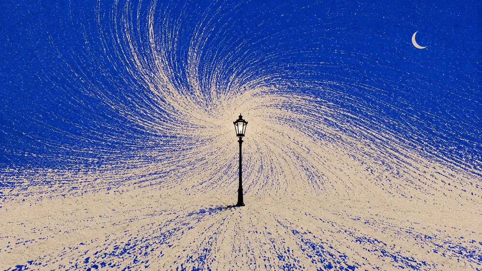 A surreal minimalist vintage print illustration of a single old-fashioned black street lamp standing completely alone in the middle of an enormous empty cream-colored landscape at night. The street lamp is extremely thin and elegant, positioned exactly near the center of the composition, with a small traditional lantern glowing subtly in warm ivory. From the lamp, thousands of rough cobalt-blue and warm cream radial ink strokes spread outward across the surrounding landscape and upward into the night sky, forming an enormous cosmic halo resembling a solar burst, electromagnetic field, explosion and astronomical vortex. The radial pattern should originate directly behind the lamp and expand dramatically toward every edge of the image. The marks are irregular, hand-printed and imperfect, with thousands of tiny stippled dots and broken lines rather than smooth vector rays. The ground is mostly warm parchment ivory with sparse cobalt-blue textured marks radiating away from the lamp. The sky is an intense uninterrupted cobalt blue filled with tiny cream-colored stars. A small crescent moon sits in the upper-right region. Strong visual contrast between the tiny human-made lamp and the gigantic cosmic phenomenon surrounding it. The lamp should feel lonely, poetic and slightly mysterious. Vintage screen-print / risograph / lithographic poster aesthetic, two-color cobalt and parchment palette, distressed ink, coarse stippling, visible paper grain, uneven ink coverage, rough halftone texture, imperfect registration, handmade print imperfections, slightly faded pigment, analog editorial artwork, no photographic realism, no glossy digital rendering, no gradients, no text. Wide 16:9 composition, centered vertical lamp, huge radial burst behind it, enormous empty sky, strong symmetry with slight organic irregularity, minimalist surrealism.