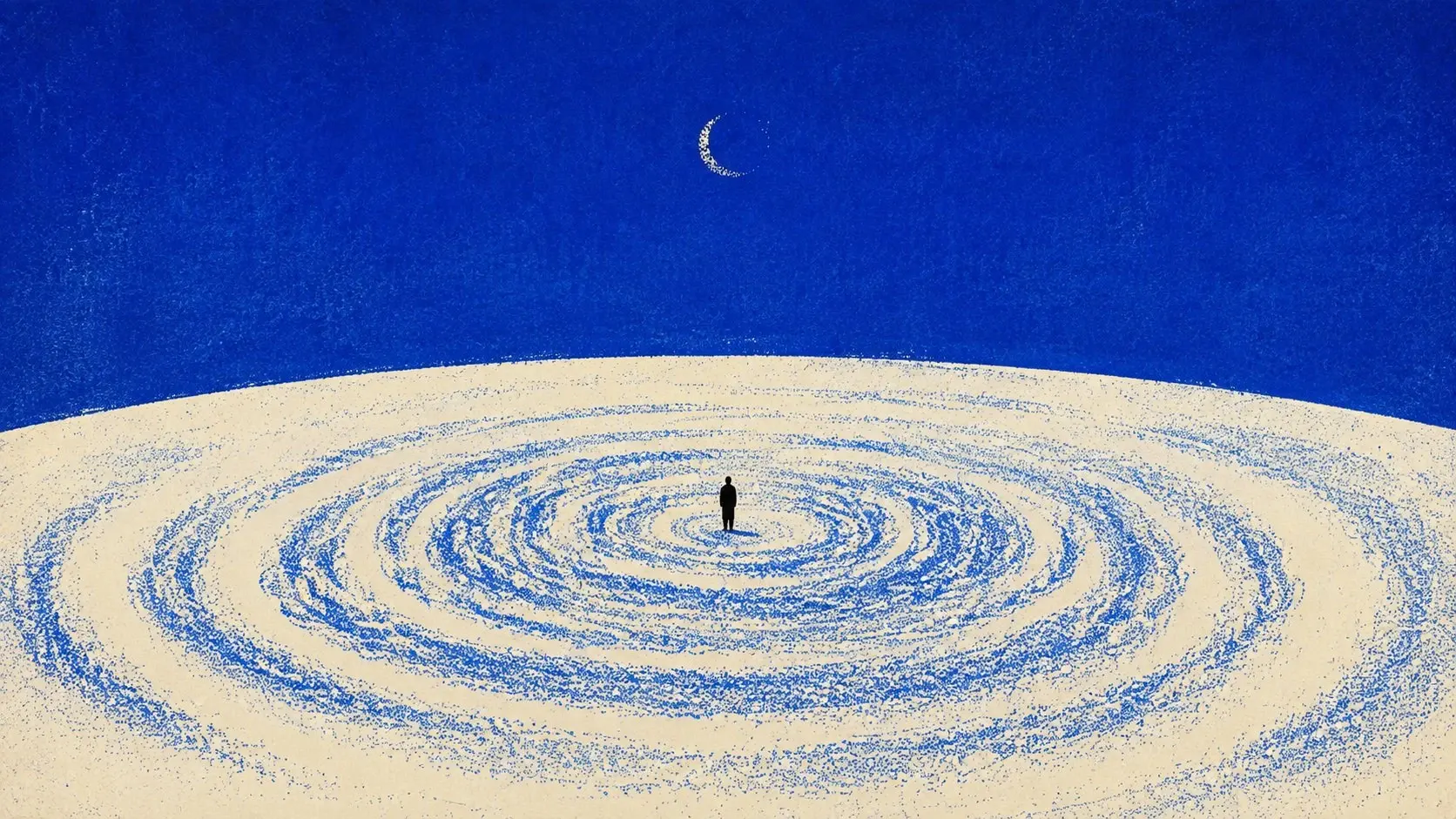 A minimalist surreal vintage print illustration showing one extremely small solitary human figure standing at the exact center of an enormous circular spiral drawn across a vast warm ivory landscape, the person rendered as a tiny solid dark navy silhouette. Around the figure are dozens of enormous concentric irregular rings made from rough cobalt-blue stippled ink, each ring imperfect and organic, gradually expanding outward like ripples in water, an astronomical orbit, a fingerprint and a cosmic vortex simultaneously. The rings should not be perfectly geometric; they should have subtle hand-drawn irregularities, broken edges, uneven ink coverage and areas where the blue marks dissolve into tiny dots. The entire upper half of the composition is an uninterrupted saturated cobalt-blue sky with sparse tiny ivory stars. A very small thin crescent moon floats high above the central figure. The horizon is extremely subtle and curved, emphasizing the vast scale of the landscape. The human figure should appear almost insignificant compared with the enormous circular pattern surrounding them. Two-tone vintage print aesthetic, cobalt-blue ink on warm unbleached cream paper, distressed screen print, risograph texture, coarse halftone dots, stippling, dry-brush ink marks, imperfect registration, subtle paper fibers, uneven pigment density, rough analog printmaking character, no gradients, no photorealism, no 3D rendering. Composition: wide 16:9 landscape, figure exactly near the visual center, concentric rings filling almost the entire lower half, huge cobalt negative space above, extreme minimalism, contemplative cosmic atmosphere, surreal editorial poster, no text.
