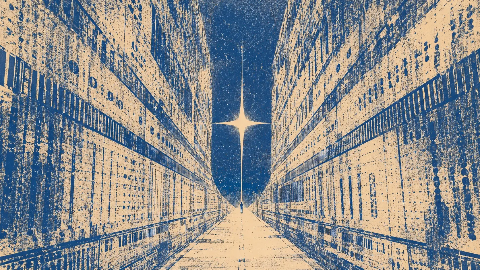 A surreal graphic print illustration of a tiny solitary person standing at the end of an impossibly long narrow cream-colored corridor, surrounded on both sides by enormous abstract architectural walls rendered in distressed cobalt-blue and parchment ink. The walls appear to bend inward toward a central vanishing point, creating a tunnel-like perspective. Thousands of tiny rough cream and blue marks cover the architecture like weathered printmaking texture. At the end of the corridor is an enormous cobalt-blue opening containing one brilliant cream-colored four-point star. The person is only a tiny dark navy silhouette, standing directly beneath the star. The entire image uses a strict cobalt-blue and warm parchment palette, vintage screen-print aesthetic, coarse halftone, stippling, dry-brush marks, uneven ink density, distressed paper texture, imperfect registration, rough analog printing. Wide 16:9 composition, strong symmetrical perspective, architecture framing the central figure, cosmic void at the end of the tunnel, mysterious journey symbolism, minimalist surreal poster, no text.