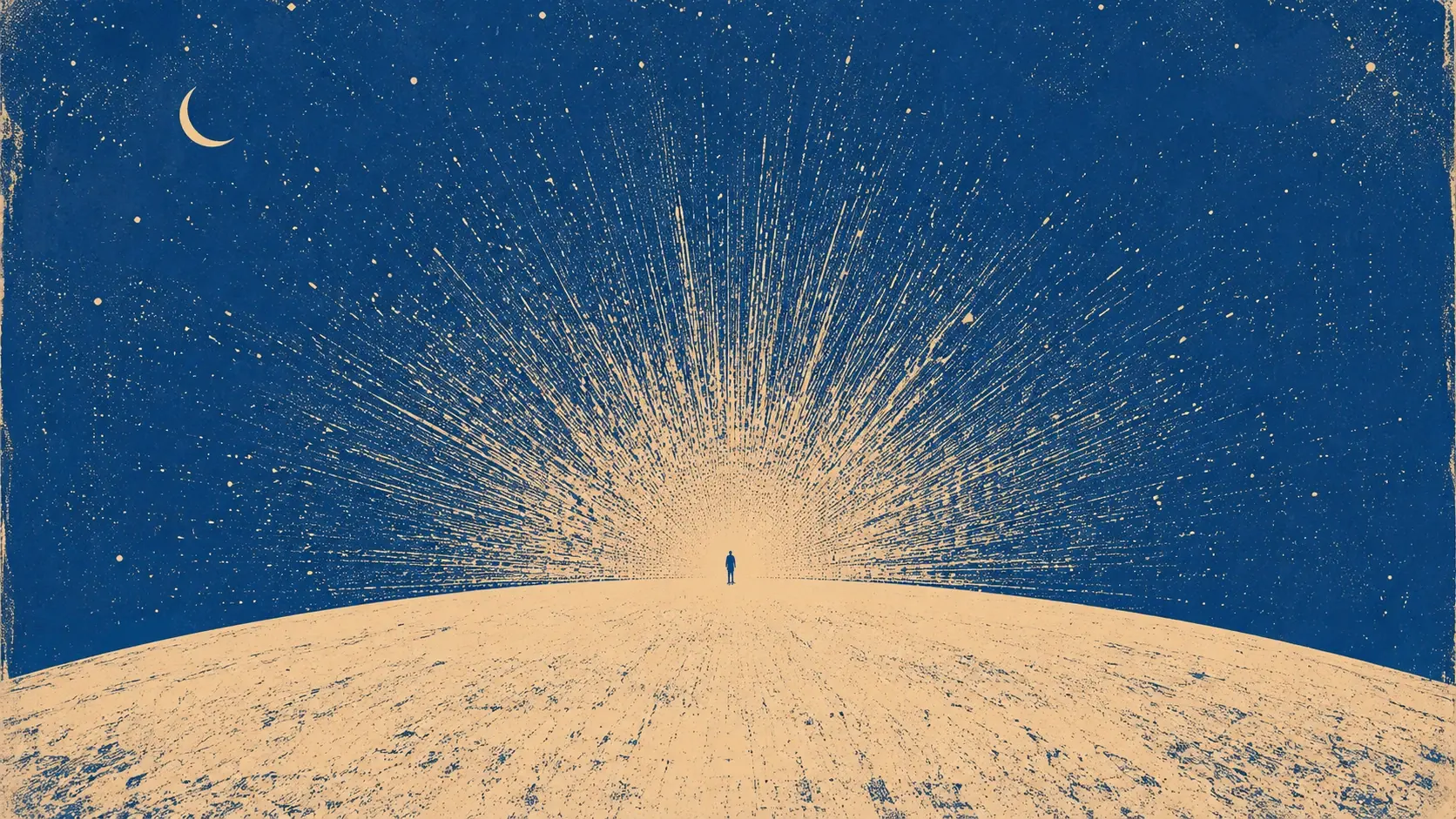 A surreal vintage print illustration of a tiny solitary human figure standing at the edge of an enormous curved ivory horizon, facing an immense cobalt-blue sky. From the horizon directly behind the person, an enormous circular burst of rough cream-colored printed lines expands outward like a sunrise, galaxy, explosion and cosmic portal simultaneously. The radial strokes become increasingly thin and fragmented toward the upper edges, mixing with thousands of tiny stippled dots. The landscape is almost completely empty, rendered in warm parchment cream with sparse cobalt-blue rough texture. The human figure is a tiny solid dark navy silhouette. A delicate crescent moon floats high in one corner and a sparse field of tiny ivory stars fills the surrounding cobalt atmosphere. The entire image should feel like an old experimental astronomy poster discovered in an archive: limited ink colors, coarse halftone, visible paper fibers, distressed screen-print marks, uneven pigment, broken lines, imperfect registration, handmade imperfections, subtle faded edges. Strict cobalt blue and warm parchment ivory palette, no additional colors, no smooth gradients, no glossy digital rendering, no photorealism. Composition: 16:9 cinematic landscape, tiny figure near lower center, enormous radial cosmic phenomenon behind them, huge cobalt negative space, extreme scale, quiet mysterious atmosphere, poetic surrealism, no text or typography.