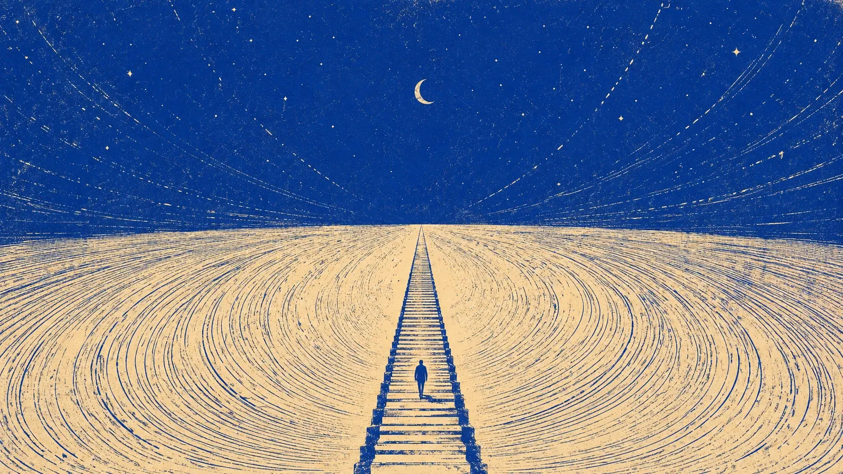 A surreal vintage print illustration of a tiny solitary human figure climbing an impossibly long staircase extending from the bottom of an enormous warm ivory landscape toward a tiny crescent moon suspended in a deep cobalt-blue sky. The staircase is extremely narrow and simple, rendered in warm parchment with rough cobalt-blue ink shadows and distressed stippled edges. It disappears into the distant horizon, creating extreme perspective and a powerful sense of scale. Around the staircase, thousands of irregular cobalt-blue and ivory printed lines curve and radiate outward like gravitational fields, orbital paths and cosmic wind. The marks should feel hand-printed, broken, textured and imperfect rather than mathematically precise. The tiny figure is rendered as a solid dark navy silhouette, walking upward alone. The sky occupies approximately two-thirds of the composition, saturated cobalt blue with sparse ivory stars and one small crescent moon directly above the staircase. Two-color vintage screen print, risograph, distressed lithograph, coarse halftone dots, rough paper texture, imperfect ink coverage, subtle misregistration, hand-drawn astronomical marks, poetic surrealism, minimalist editorial poster. Wide 16:9 composition, strong central perspective, huge negative space, tiny human against enormous cosmic environment, no text.