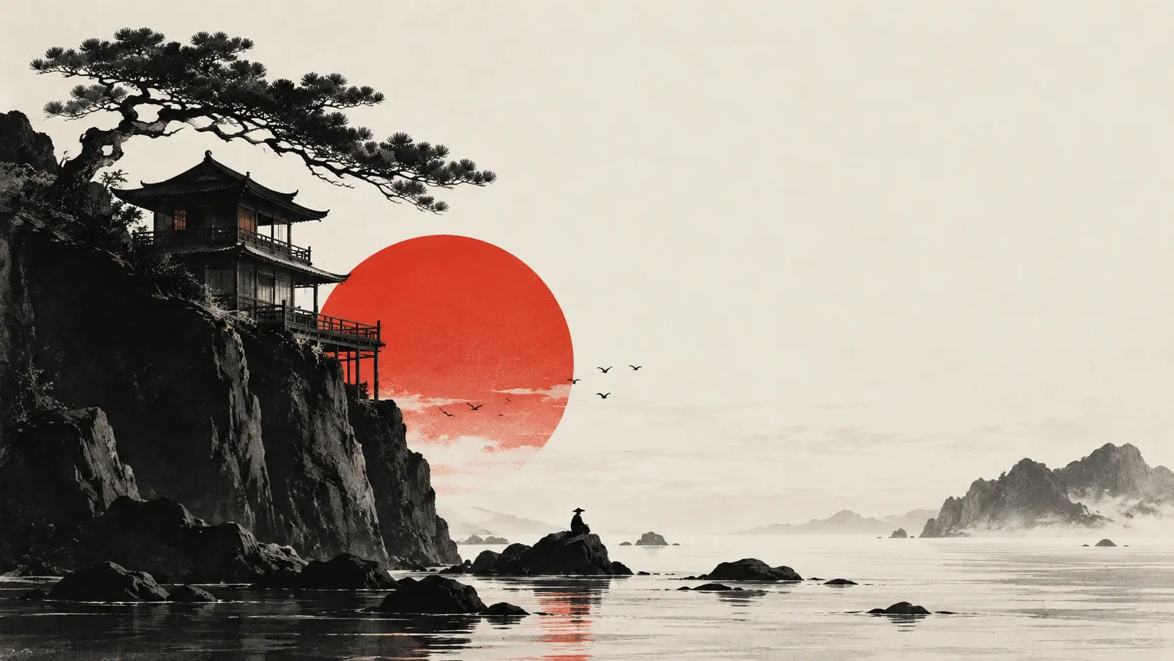 A minimalist Chinese-inspired landscape featuring a black cliffside pavilion, a windswept pine tree, and a giant vermilion sun above a still sea. Tiny birds cross the horizon. Ink-black silhouettes, soft grey sky, subtle rice-paper texture, dramatic negative space, cinematic composition, premium art print.