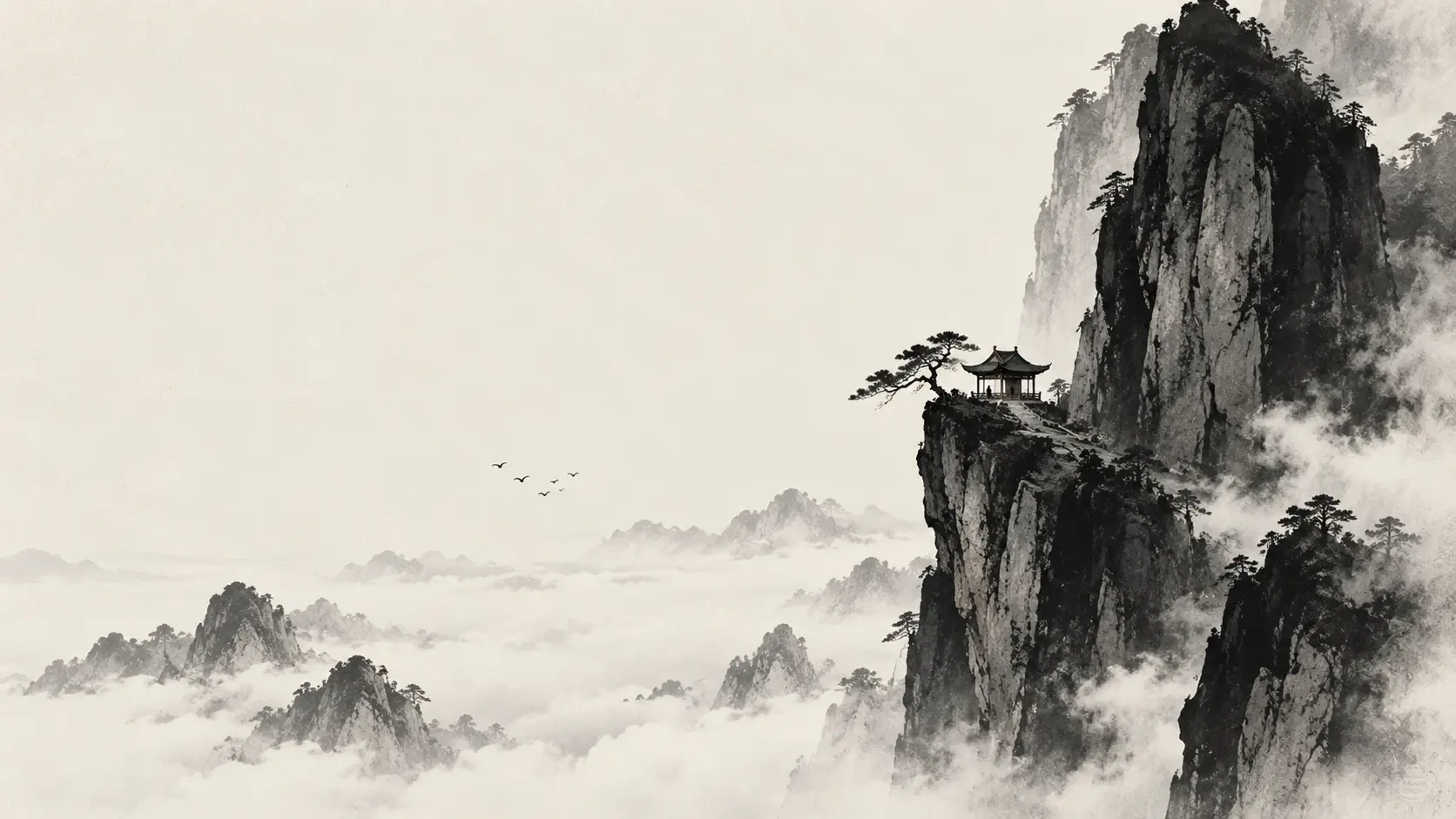 A colossal ink-black mountain rising into an endless ivory sky, with a tiny ancient pavilion perched on its rocky edge. Expressive Chinese brushwork, delicate mist, charcoal textures, monumental scale, restrained monochrome palette, vast negative space, traditional shan shui meets contemporary minimalism.