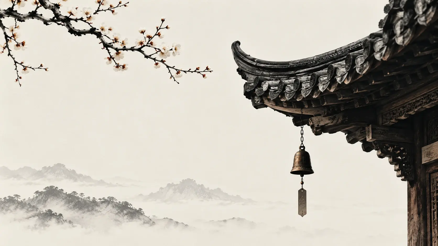A close-up of ancient Chinese temple eaves entering from the upper-right corner, with a delicate bronze bell hanging beneath and a flowering plum branch extending from the opposite edge. High-contrast ink details, warm-white background, architectural elegance, subtle paper grain, minimalist editorial composition.