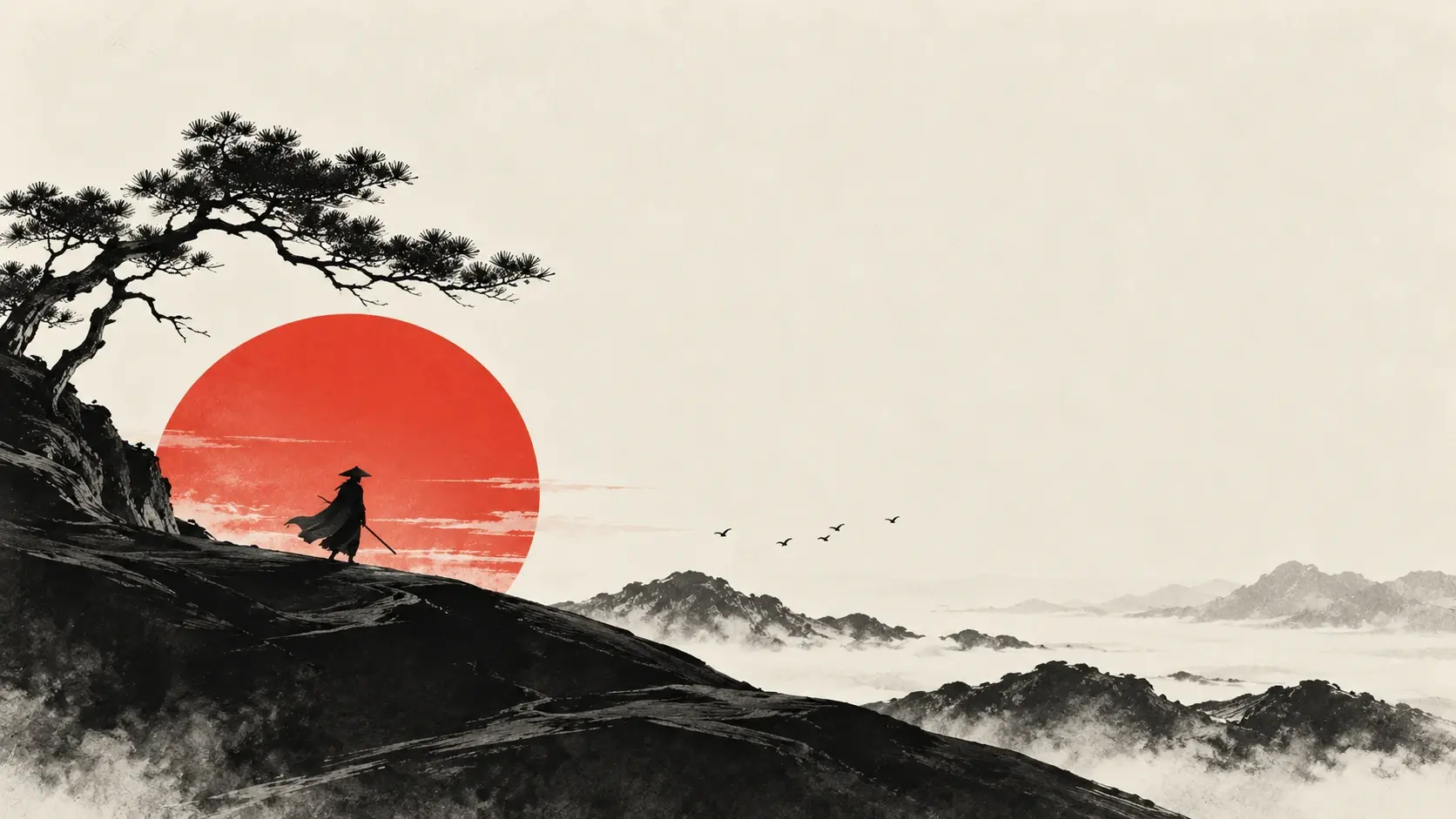 A tiny wandering swordsman crossing flowing black mountain ridges beneath an enormous vermilion-red moon. Traditional Chinese-inspired ink silhouettes, smooth calligraphic hills, ivory sky, dramatic scale, restrained composition, bold red-and-black palette, cinematic negative space.