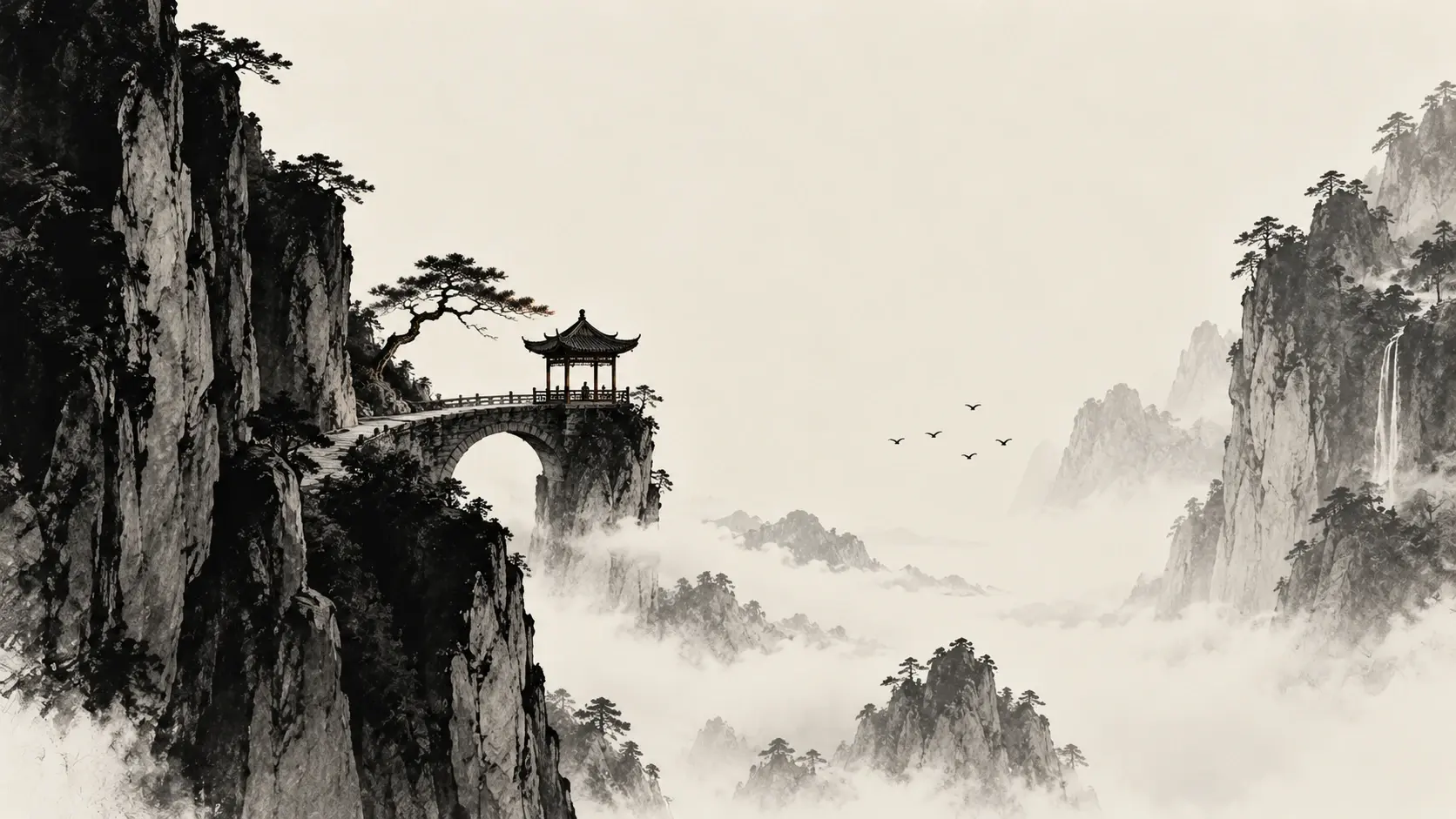A solitary ancient Chinese pavilion suspended between two enormous ink-painted cliffs, surrounded by endless pale mist. Delicate architectural details contrast with bold black rock formations. Monochromatic palette, atmospheric depth, traditional ink-wash technique, surreal tranquility, spacious contemporary composition.