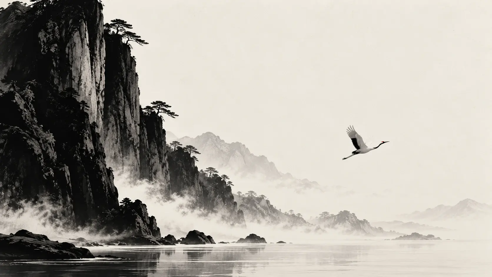 A massive ink-black mountain rising along the left edge, contrasted by a single white crane gliding across an expansive ivory sky. Delicate dry-brush textures, faint mist above dark water, traditional Chinese ink painting, striking silhouettes, monochromatic palette, monumental scale, exceptional negative space.