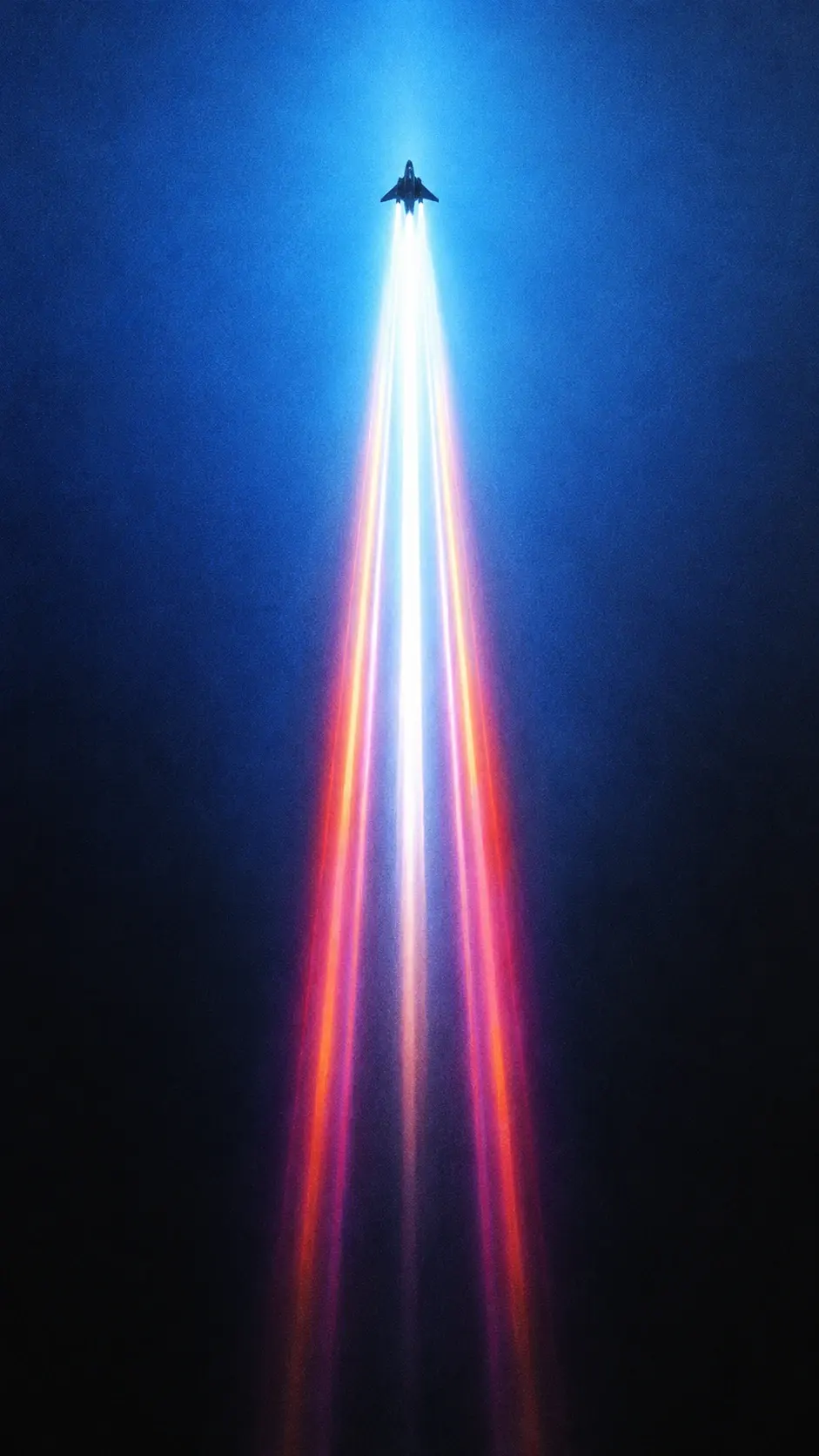 Small black futuristic aircraft perfectly centered near the top of a tall frame, enormous symmetrical streams of glowing light extending downward from it, forming a dramatic luminous corridor, electric blue surrounding atmosphere, white-hot central beams, delicate orange, red, pink and violet edges, lower portion dissolving into blackness, soft atmospheric haze, strong bloom, subtle film grain, surreal retro-futuristic aesthetic, highly minimal, 9:16. STYLE LOCK: surreal retro-futuristic aviation photography, extreme minimalism, enormous negative space, tiny subject against monumental scale, electric cobalt blue and deep indigo palette, black voids, luminous white cores, orange and magenta chromatic fringes, long-exposure light trails, smooth atmospheric gradients, heavy optical bloom, soft diffusion, slight chromatic aberration, subtle analog film grain, dreamy experimental photography, high contrast, abstract geometric perspective, no realistic environment, no text, no UI, no stars, cinematic composition