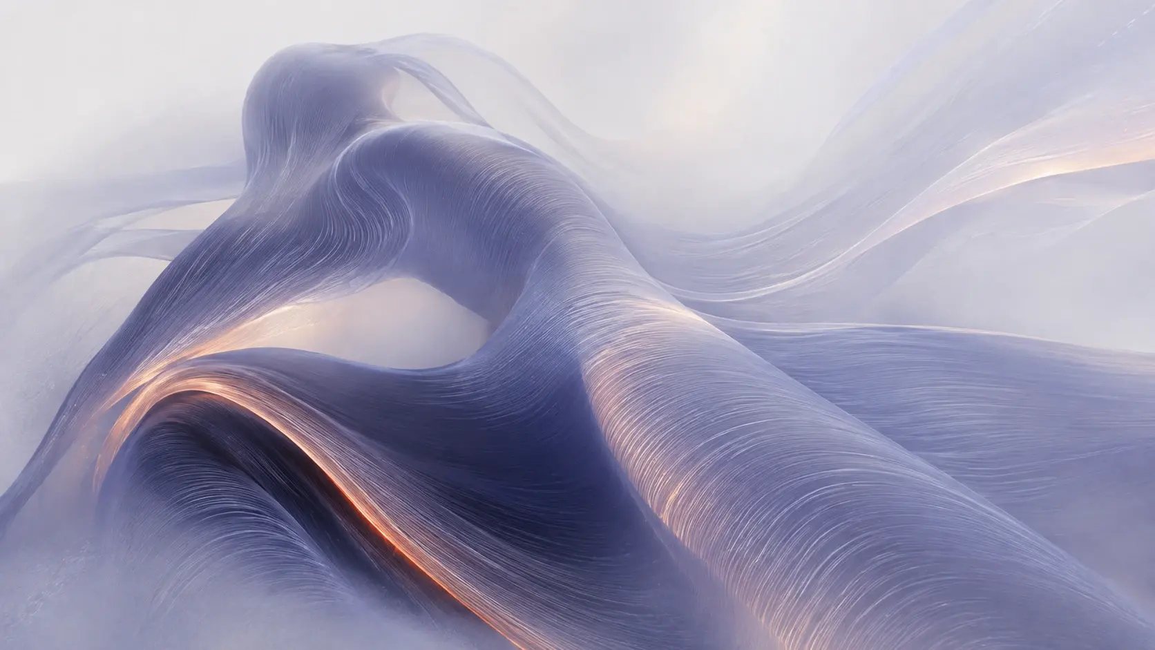Wide 16:9 surreal editorial fine-art image, an enormous abstract human-like form stretching horizontally across the frame, its torso and limbs merging into a monumental flowing mass of translucent filament fibers, the body bending into several broad sculptural valleys and raised folds, no recognizable face, anatomy intentionally ambiguous, one massive foreground fold sweeping diagonally toward the viewer while delicate translucent extensions drift into the distant background, thousands of ultra-fine parallel fibers following every contour, deep #343850 indigo concentrated in the central folds, #8C92B2 dusty periwinkle covering the main body, #F2F2F3 pale neutral atmosphere surrounding everything, restrained #FFC39A peach glowing subtly along an inner edge, one extremely small #FF7A18 orange ember buried inside the deepest crease, microscopic #0A0A0C only at the darkest recess, soft volumetric haze, luminous translucent material, low contrast, delicate bloom, subtle analog grain, tactile fine-art photography, sophisticated contemporary editorial aesthetic, no clothing, no objects, no text, no extra colors.