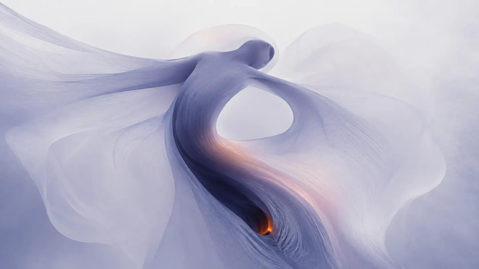 Wide 16:9 surreal fine-art image, an abstract elongated humanoid sculpture twisting vertically through a vast translucent organic membrane, the upper body compressed into a smooth rounded head-like form while the torso curves downward into a deep S-shaped fold, a large irregular hollow opening visible through the center of the body, long translucent extensions spreading outward like soft wings or petals but remaining clearly filament-based rather than botanical, the figure appearing suspended inside its own flowing structure, #8C92B2 dusty periwinkle dominant, #343850 concentrated along the central S-curve, #F2F2F3 filling the luminous background and outer membranes, subtle #FFC39A warmth tracing the inner curve, a tiny #FF7A18 glow deep inside the lowest fold, barely any #0A0A0C, thousands of delicate hairline fibers densely following the form, soft atmospheric diffusion, translucent layered depth, elegant negative space, analog grain, refined contemporary art direction, surreal but serene, no literal flower, no clothing, no objects, no text, no extra colors.