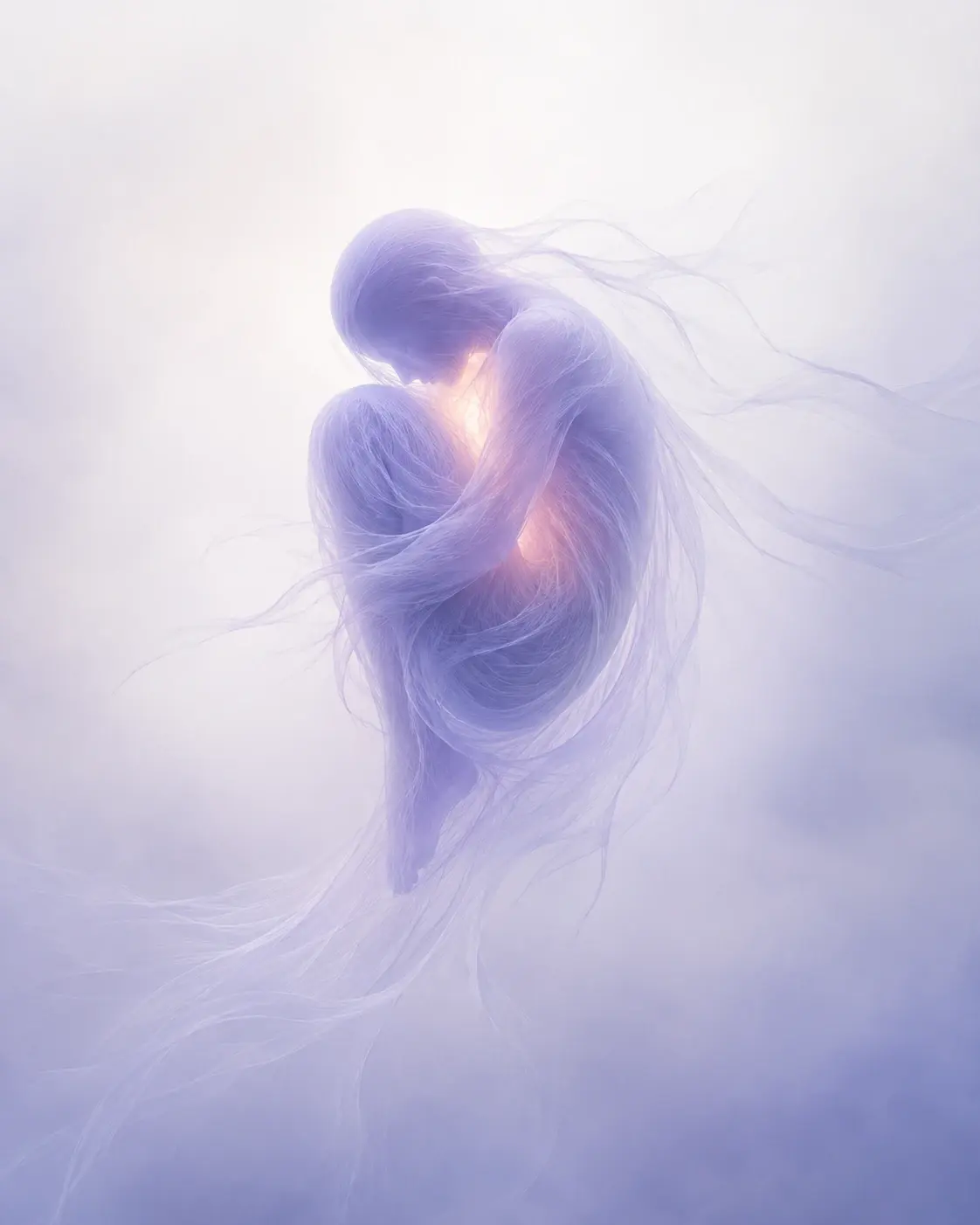 Vertical 4:5 surreal fine-art photograph, a solitary abstract human-like figure curled inward into a compact floating spiral, head lowered toward a smaller rounded form as though embracing itself, torso and arms forming overlapping translucent loops, lower body dissolving into an enormous trail of hair-thin fibers descending toward the bottom of the frame, anatomy soft and ambiguous, no identifiable face, the composition centered but surrounded by large pale negative space, deep #343850 indigo concentrated inside the overlapping body folds, #8C92B2 dusty periwinkle across the figure, #F2F2F3 luminous misty background, soft #FFC39A light glowing between the overlapping forms, tiny #FF7A18 warmth hidden deep inside the chest-like intersection, #0A0A0C almost completely absent, thousands of extremely fine strands extending from the body like drifting hair, translucent layers, soft diffusion, gentle bloom, subtle analog film grain, quiet emotional atmosphere, sophisticated contemporary editorial art, no clothing, no objects, no text, no extra colors.
