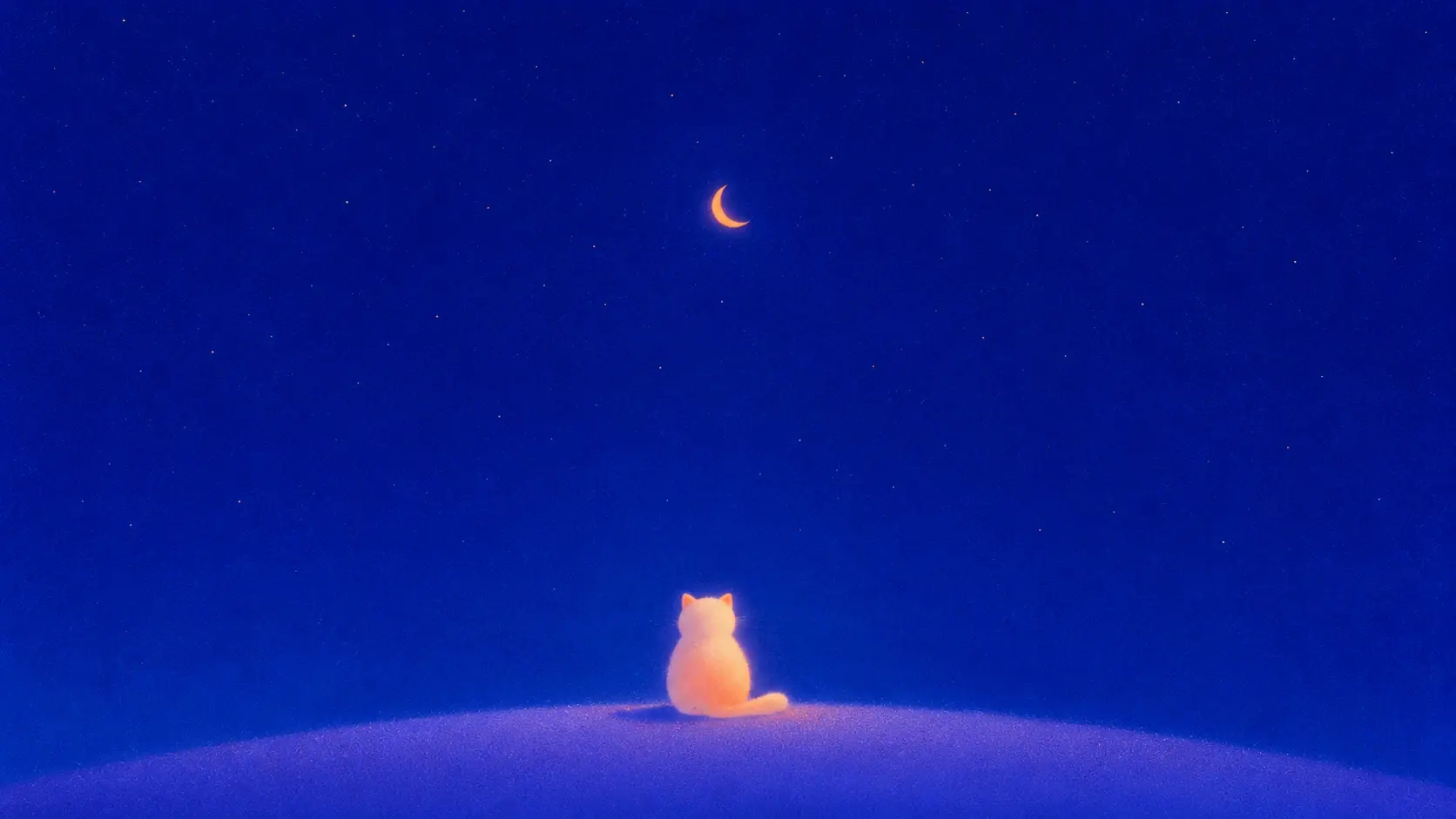 16:9 landscape, extremely minimal surreal illustration of a tiny rounded pale orange-white cat sitting alone near the bottom center of an enormous deep ultramarine-blue landscape, cat viewed from behind as it quietly looks toward a tiny glowing crescent moon floating high above, almost the entire frame is empty blue sky, one extremely soft lavender-blue hill runs along the bottom edge, tiny scattered stars barely visible, cat softly illuminated with peach and lavender glow, silhouette slightly blurred and fuzzy, subtle atmospheric haze, dense fine film grain and speckled analog texture, muted dreamy colors, lonely peaceful mood, strange scale relationship, experimental editorial illustration, no detailed environment, no realism, no text.