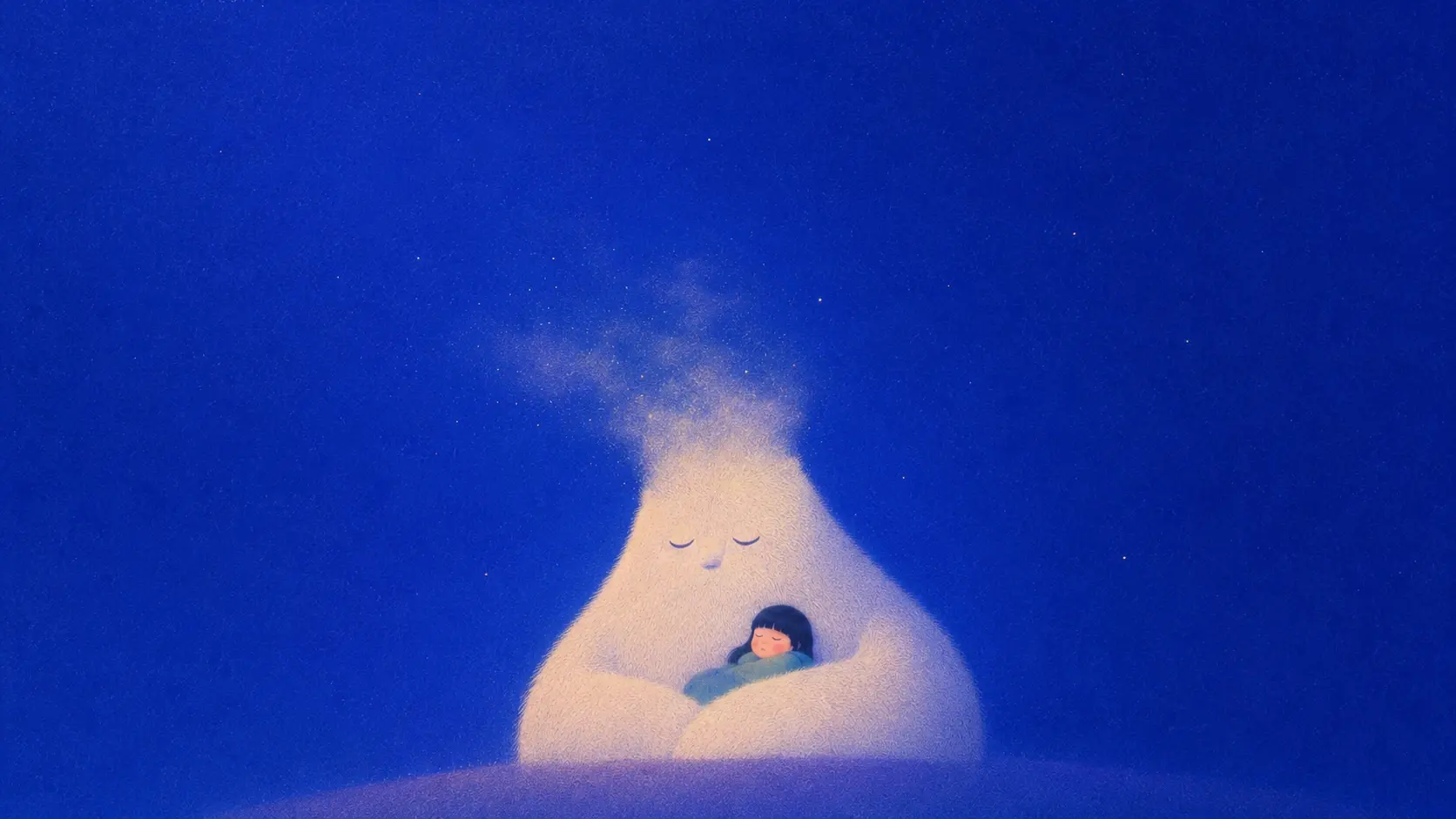 16:9 landscape, surreal minimalist illustration of an enormous abstract fluffy white creature sitting low in the center of a vast deep cobalt-blue space, its body forming a simple soft triangular silhouette, a tiny sleeping child curled inside its arms, extremely minimal face with closed curved eyes and a tiny nose, the creature's upper head dissolving into loose wispy cloud-like fibers, scattered tiny white stars fading into the background, strange oversized proportions, huge negative space, soft slightly blurred edges, delicate fuzzy texture, visible fine analog grain and speckled noise, muted blue-white palette with a tiny muted green accent, dreamy mysterious atmosphere, imperfect printed texture, not Pixar, not realistic, not detailed, no text.