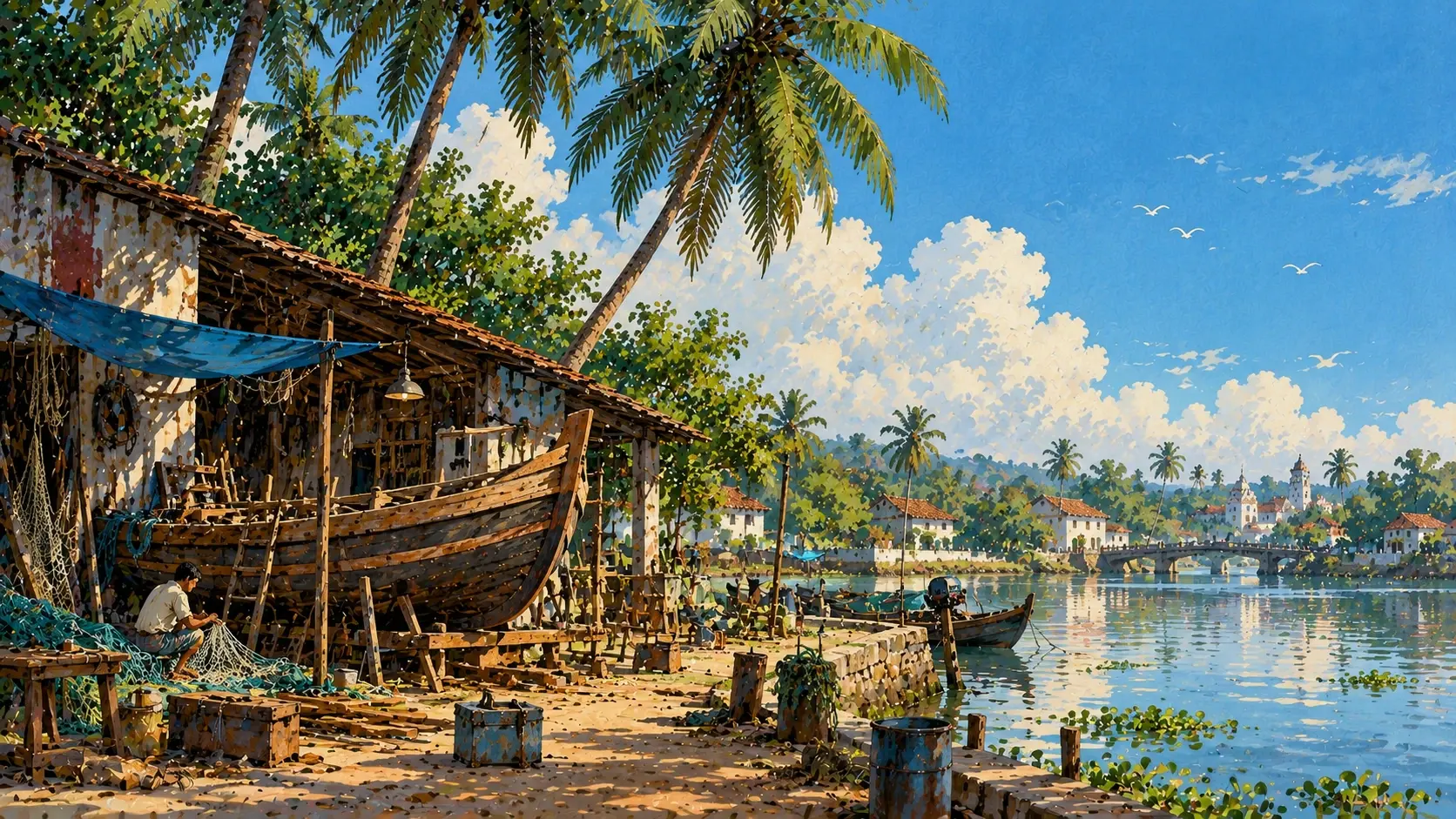 A completely different tropical scene showing a small traditional wooden boat workshop beside a quiet Indian backwater. The foreground is dominated by a half-built wooden fishing boat resting on wooden supports, with planks, ropes, hand tools, coils of fishing net and buckets scattered around it. An old corrugated-roof workshop stands behind it, covered in faded blue and rust-red paint. Two enormous coconut palms lean diagonally across the sky, while a narrow canal passes behind the workshop toward distant houses and a tiny stone bridge. A small figure sits repairing a fishing net beneath the shaded veranda. The water reflects the workshop and palms in broken painterly shapes. The sky is a large muted turquoise-blue area with soft clouds, intentionally leaving clean visual space across the upper-right for a website headline. The scene should feel observational and lived-in rather than epic or fantasy-like. Retro handmade gouache and watercolor illustration, vintage Indian travel-book aesthetic, detailed environmental storytelling, expressive ink lines, rough wood textures, visible brush strokes, imperfect hand-painted foliage, subtle paper grain, muted teal, rust, cream, deep green and faded blue palette, full-bleed artwork, no border, no frame, no yellow edges, no photorealism, 16:9 hero composition.