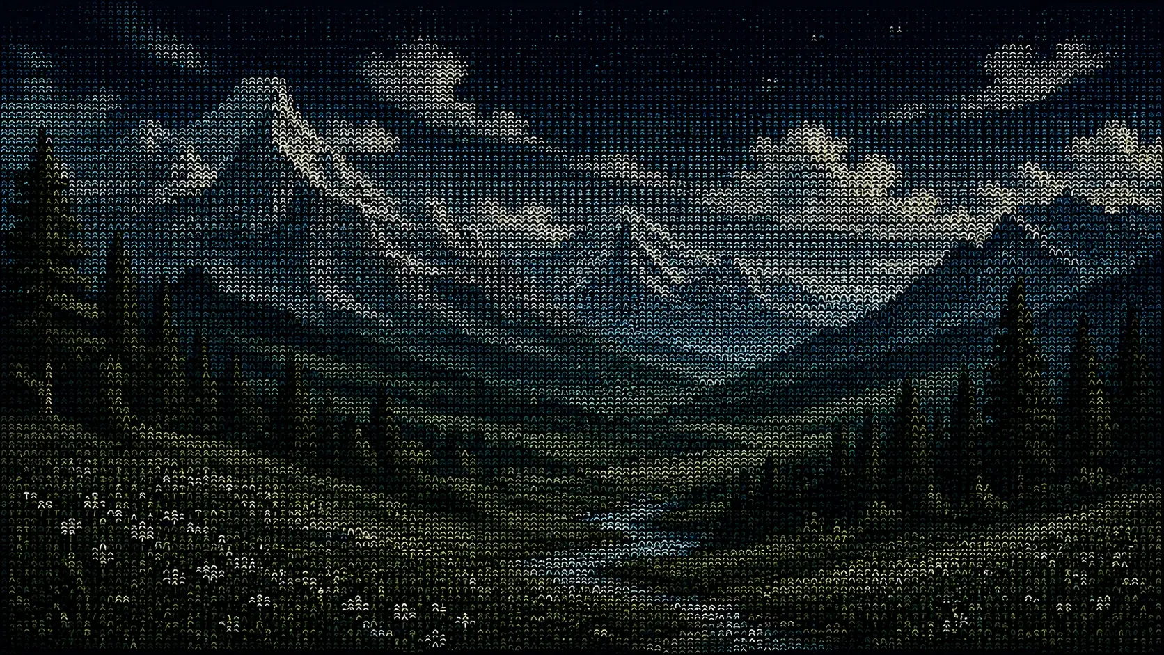 Wide 16:9 handcrafted textile nature landscape, enormous layered mountain range made entirely from tightly twisted yarn fibers, snow-covered peaks constructed from cream and pale-blue threads, dark green forests formed from thousands of tiny stitched leaves, foreground meadow built from directional green fibers, sky composed of long horizontal blue threads, highly visible individual yarn strands, dimensional embroidery, tactile woven surface, subtle thread shadows, rich handcrafted detail, sophisticated storybook textile aesthetic, no text, no people.
