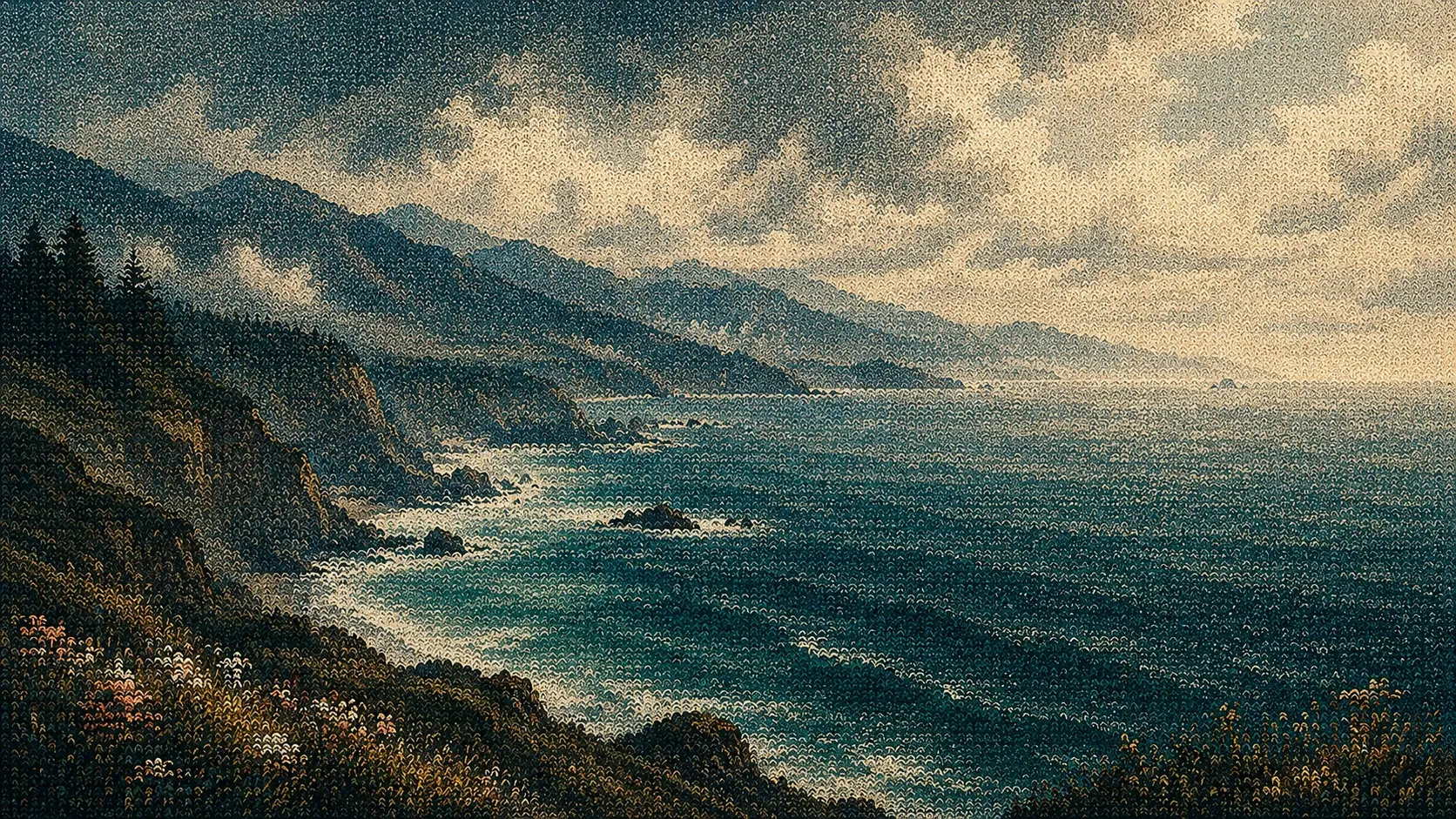 Wide 16:9 embroidered coastal landscape, enormous blue ocean beneath cream clouds, rugged cliffs covered with dense dark-green vegetation, waves constructed from layered turquoise and pale-blue yarn strands, rocky surfaces made from tightly packed brown and gray fibers, sky formed from horizontal woven threads, individual fibers clearly visible, dimensional needlework, soft textile shadows, intricate handcrafted detail, sophisticated nature-art aesthetic, large open sky, no people, no text.