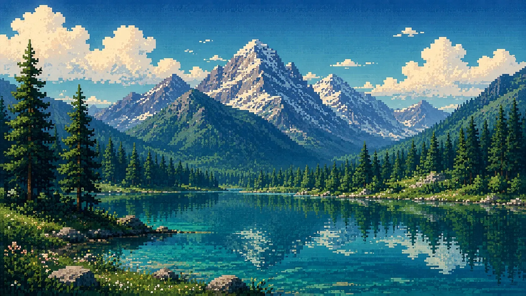 Wide 16:9 pixel-art wilderness landscape, still lake surrounded by dense pine forests and distant mountains, tiny reflections across the water, mist hovering just above the surface, chunky pixel clusters forming trees and terrain, deep emerald, teal, navy and pale blue palette, intentional ordered pixel dithering, subtle CRT texture, low-resolution aesthetic with sophisticated cinematic composition, large calm sky, no characters, no text.