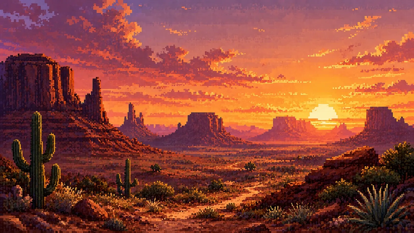 Wide 16:9 retro pixel-art desert landscape, massive layered canyon walls glowing under warm sunset light, winding sandy path through the valley, small cacti and desert shrubs in foreground, chunky square pixels forming rock layers, burnt orange, terracotta, mustard, dusty pink and dark brown palette, subtle pixel dithering, restrained CRT grain, atmospheric haze, premium editorial retro artwork, no people, no text.