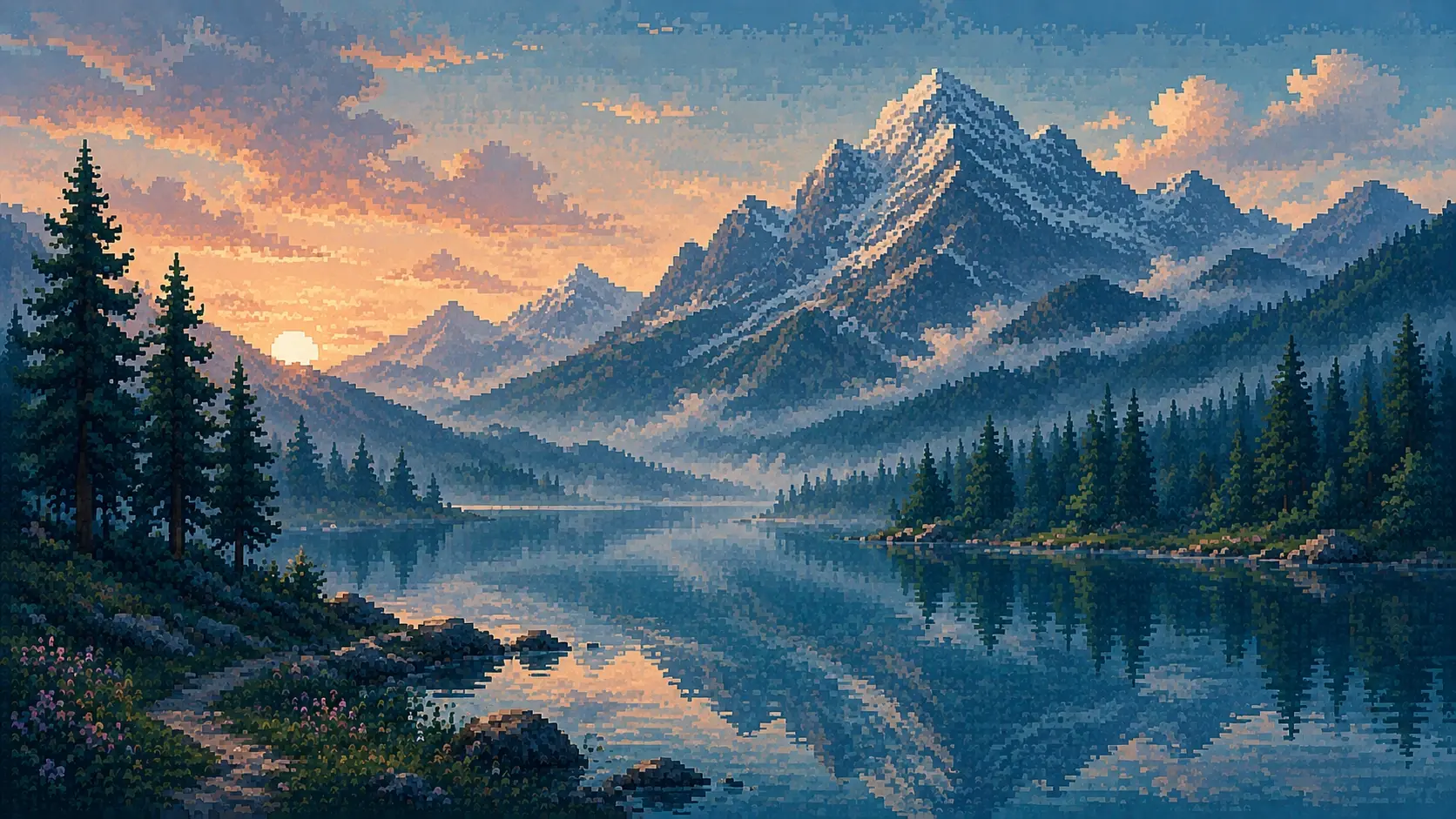 Wide 16:9 sophisticated pixel-art nature landscape, enormous layered mountains beneath a rising golden sun, rolling green foothills and pine forests in the foreground, clouds drifting around the peaks, chunky intentional pixel clusters, limited color palette, carefully controlled pixel dithering, subtle CRT grain, slightly imperfect retro display texture, atmospheric depth without smooth gradients, cinematic composition, large sky area, premium editorial pixel artwork, no characters, no text.