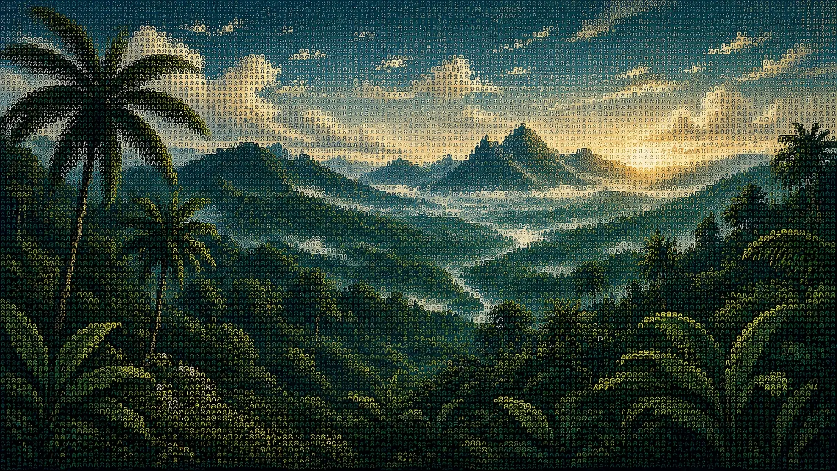 Wide 16:9 lush embroidered tropical landscape, dense jungle foliage filling the foreground, tall palms and enormous broad leaves, distant misty mountains and soft turquoise sky, all vegetation constructed from individually twisted green and emerald threads, layered yarn leaves creating dimensional depth, clouds made from cream fibers, subtle woven background texture, tactile handmade embroidery, rich fiber detail, organic natural color palette, cinematic hero composition, no people, no typography.