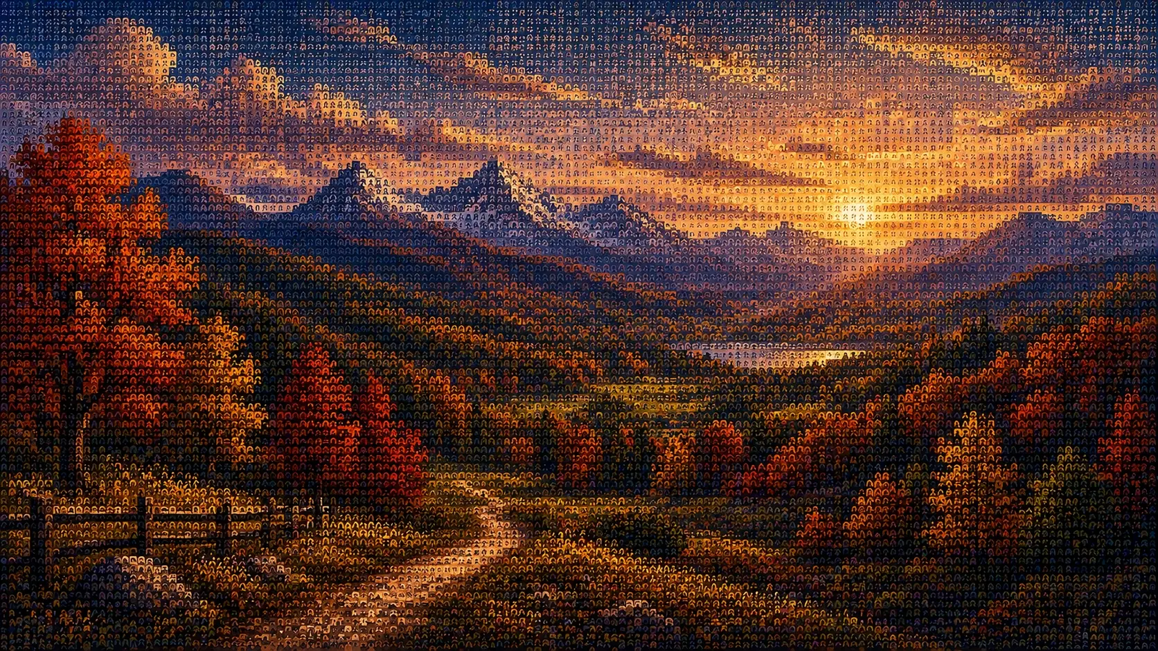 Wide 16:9 textile landscape during autumn, rolling hills covered in rust-orange, mustard and dark-green trees, winding thread-built path through the meadow, distant mountains and oversized cream clouds, every element constructed from individually visible yarn fibers and stitched loops, warm woven sky, directional fibers following the landscape, rich tactile relief, handmade imperfections, nostalgic storybook aesthetic, sophisticated editorial textile artwork, no people, no text.