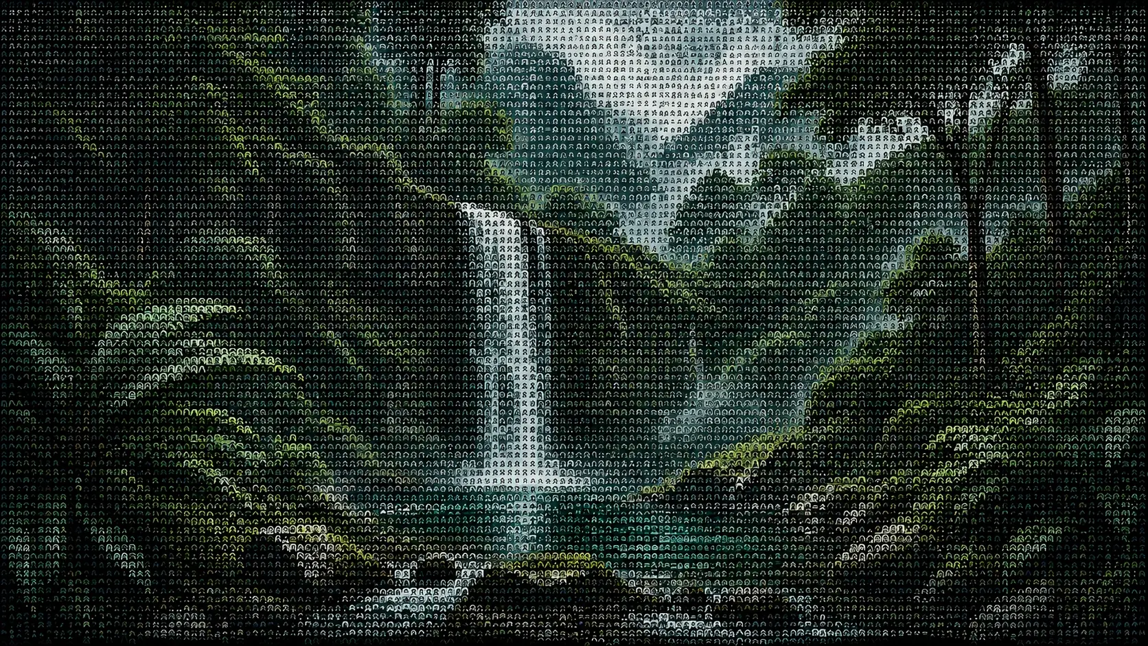 Wide 16:9 atmospheric textile forest, enormous dark evergreen trees fading into pale blue mist, moss-covered ground and tiny ferns in foreground, distant mountain silhouettes, all elements made from densely packed yarn fibers and tiny embroidery stitches, deep forest green, muted teal, cream and gray-blue threads, directional fibers following branches and terrain, soft dimensional shadows, tactile woven surface, dreamy handcrafted nature illustration, no people, no text.