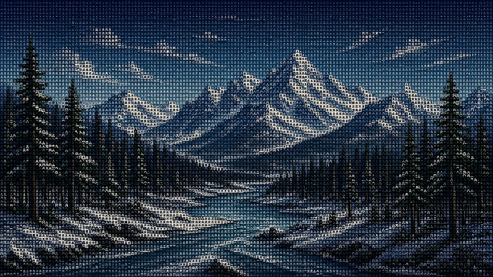 Wide 16:9 handcrafted embroidered alpine landscape, turquoise lake surrounded by dense pine forest and enormous snowy mountains, soft cream clouds floating above the peaks, water constructed from hundreds of horizontal blue and teal yarn strands, mountains made from layered ivory and pale-blue fibers, trees built from tiny individually stitched leaves, tactile dimensional embroidery, subtle woven shadows, rich handcrafted texture, calm cinematic nature composition, no typography.