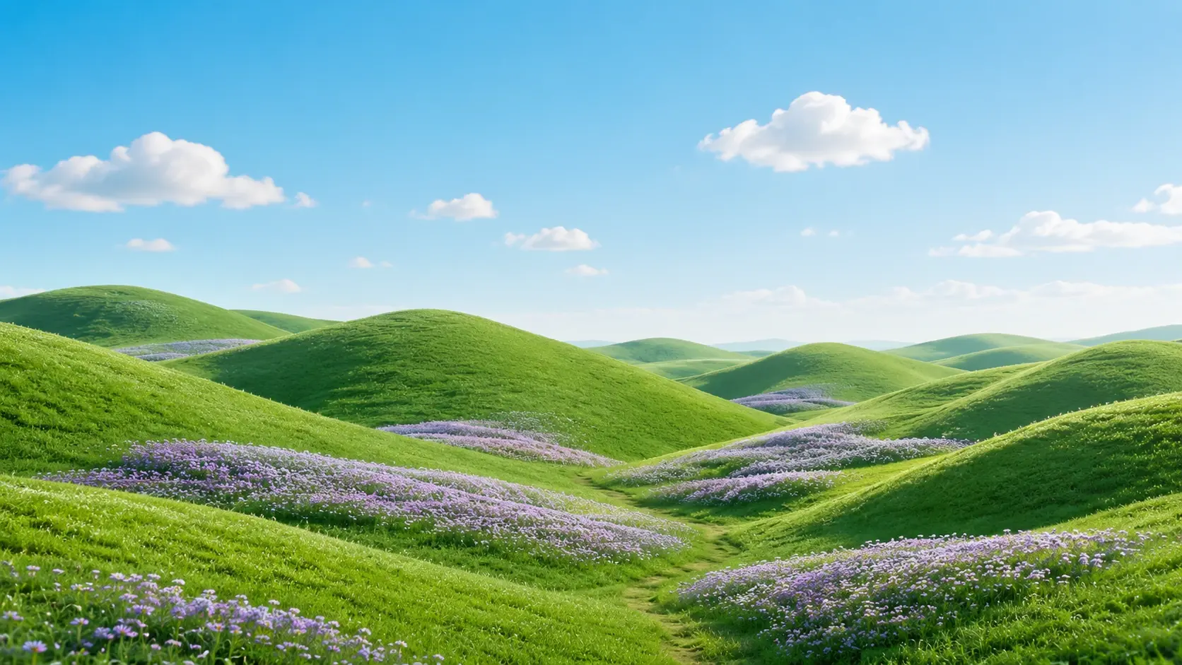 16:9 wide surreal pastoral landscape, countless rounded emerald-green hills covered in extremely fine velvety grass, winding ribbons of tiny pale lavender flowers following the natural curves of the hills, layered hills overlapping into the distance, soft powder-blue sky fading toward the horizon, delicate atmospheric haze, gentle diffused sunlight, elegant flowing composition, whimsical dreamlike countryside, tactile grass texture, subtle depth and softness, pastel cinematic color grading, peaceful ethereal mood, no buildings, no vehicles, no text.