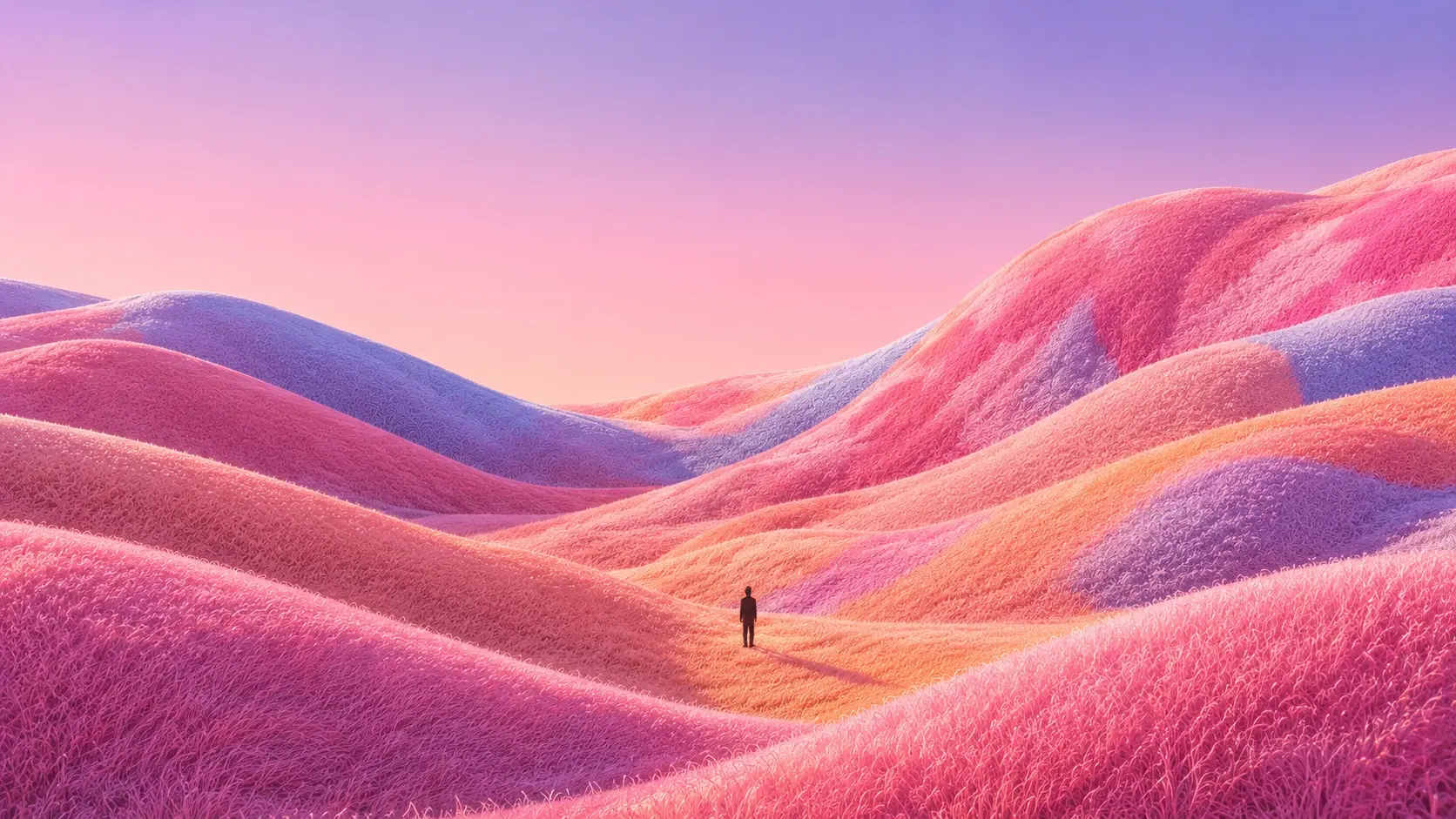 16:9 wide cinematic surreal landscape, enormous sweeping hills covered in dense soft grass transformed into flowing bands of pastel pink, blush, peach, lavender and powder blue, each hill forming organic curved patterns like a vast textured fabric landscape, a tiny solitary dark human silhouette standing near the center of the valley for scale, enormous soft pastel-pink sky fading into pale lavender and blue, delicate warm sunlight, long subtle shadow, dreamy atmospheric perspective, highly tactile fine grass fibers, sophisticated fantasy editorial aesthetic, serene and otherworldly, expansive horizontal composition, no buildings, no vehicles, no text.