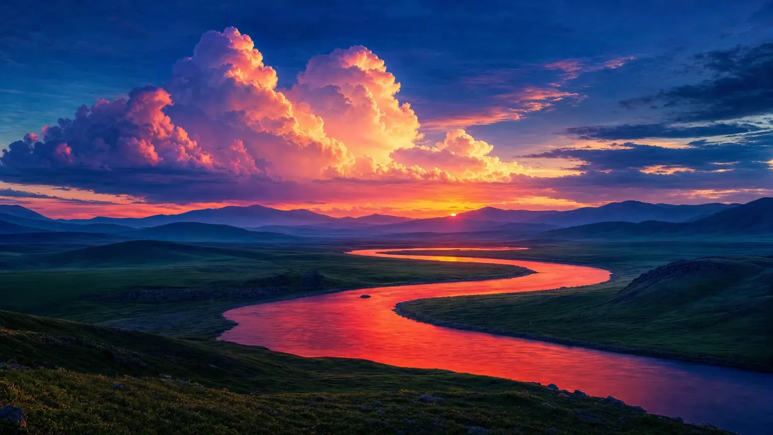 A peaceful cinematic landscape after sunset, a narrow river winding from the foreground through dark rolling hills toward a distant glowing horizon, massive pink-orange clouds towering over the valley, luminous blue shadows, soft violet mist, deep ultramarine sky, reflective water catching red light, atmospheric and romantic digital painting, ultra-wide composition, 16:9.