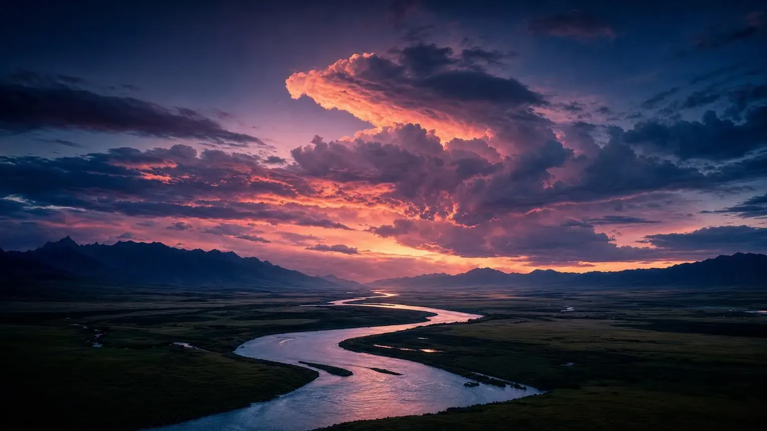A cinematic wide landscape of a winding river crossing dark velvet grasslands, glowing crimson reflections from a low hidden sunset, towering peach-and-lavender cumulonimbus clouds, deep cobalt-blue twilight sky, layered rolling hills in silhouette, dreamy atmospheric haze, rich saturated colors, painterly realism, ultra-detailed, tranquil and surreal, 16:9.