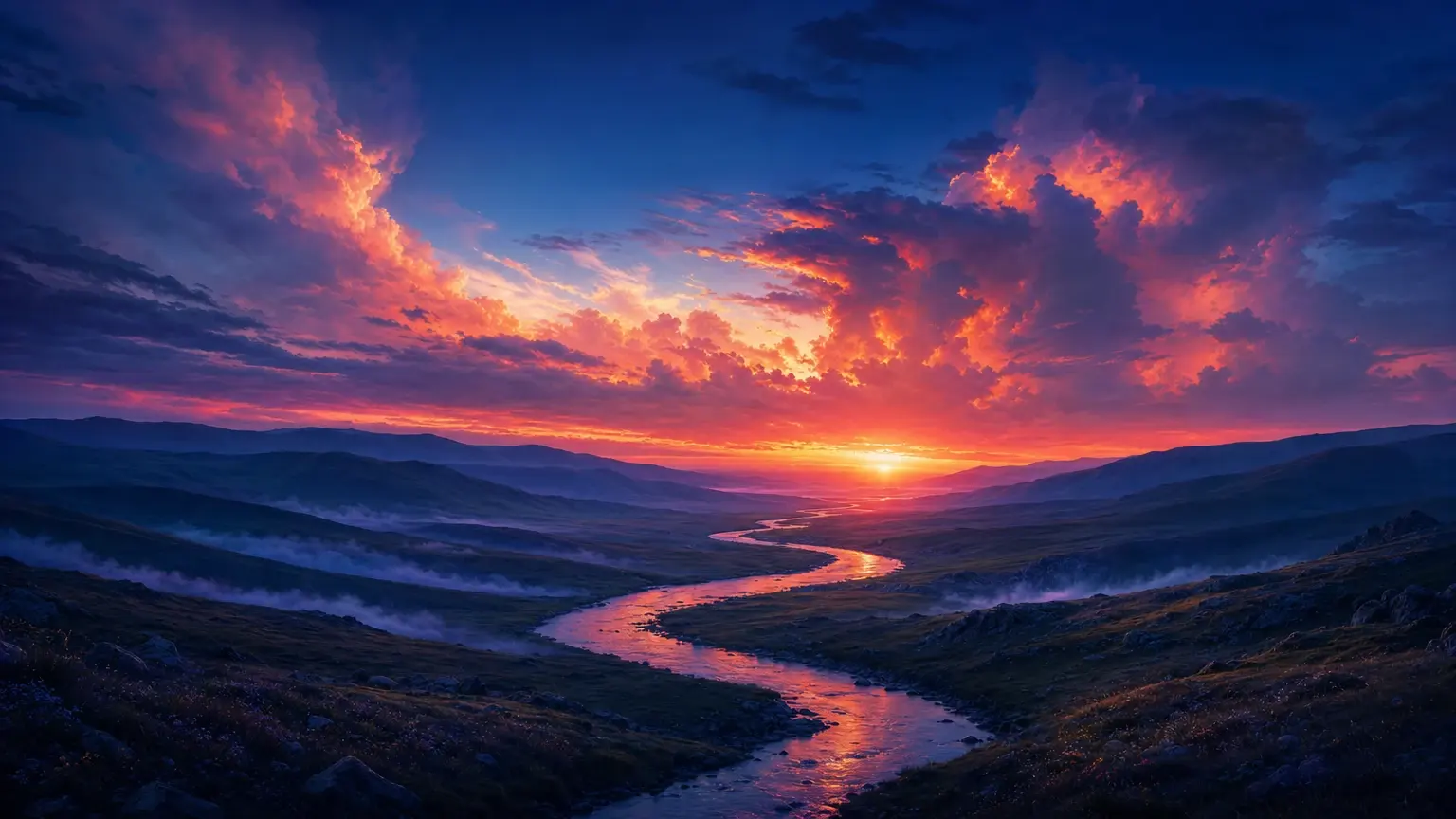 A vast open valley at dusk, a silver-blue river snaking toward the horizon through shadowy fields, enormous billowing clouds illuminated coral pink and soft violet from beneath, indigo sky fading into midnight blue, distant black mountain ridges, cinematic lighting, soft film grain, ethereal landscape photography, high contrast, 16:9.