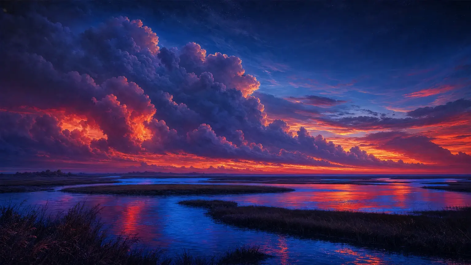 Wide-angle view of a quiet marshland at blue hour, winding reflective water channels glowing electric blue and scarlet, low dark grass banks, giant cotton-like thunderclouds lit by a fiery orange sunset, expansive empty sky, moody dreamlike atmosphere, hyper-detailed painterly landscape, deep navy and magenta color palette, 16:9.