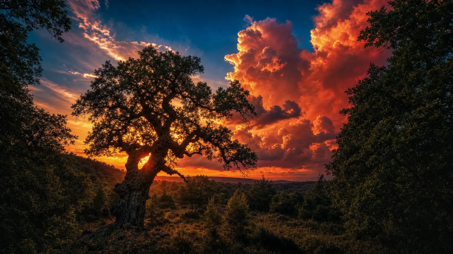 A dramatic wide landscape looking across a wild forest clearing, an ancient twisted oak tree silhouetted in the foreground, dense dark green foliage framing both sides, colossal coral-red storm clouds rising against an intense sapphire-blue sky, sunset glow filtering through branches, surreal cinematic color grading, richly textured fine-art nature scene, 16:9.