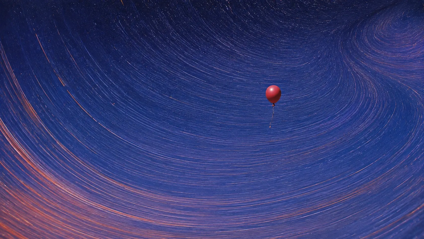 A single small red balloon floating alone in the upper-middle of an enormous surreal cobalt-blue sky, its thin string hanging downward, thousands of delicate curved atmospheric streaks sweeping around it in giant circular orbital patterns, the entire sky behaving like a slow cosmic vortex, subtle warm orange and copper trails woven through the blue, almost no landscape visible, immense negative space, tiny subject against overwhelming scale, melancholic and dreamlike. Surreal cinematic fine-art landscape, dreamlike impossible environment, deep cobalt blue and indigo atmosphere, warm peach, amber and dusty orange highlights, sweeping fluid brushstrokes and long-exposure-like curved motion trails, painterly textured surface, subtle analog film grain, soft glowing light, slightly vintage photographic print, ethereal atmospheric perspective, minimal composition, enormous sense of scale, poetic solitude, realistic subject rendered within an impossible world, no text, no typography, no frame, portrait orientation, 4:5.