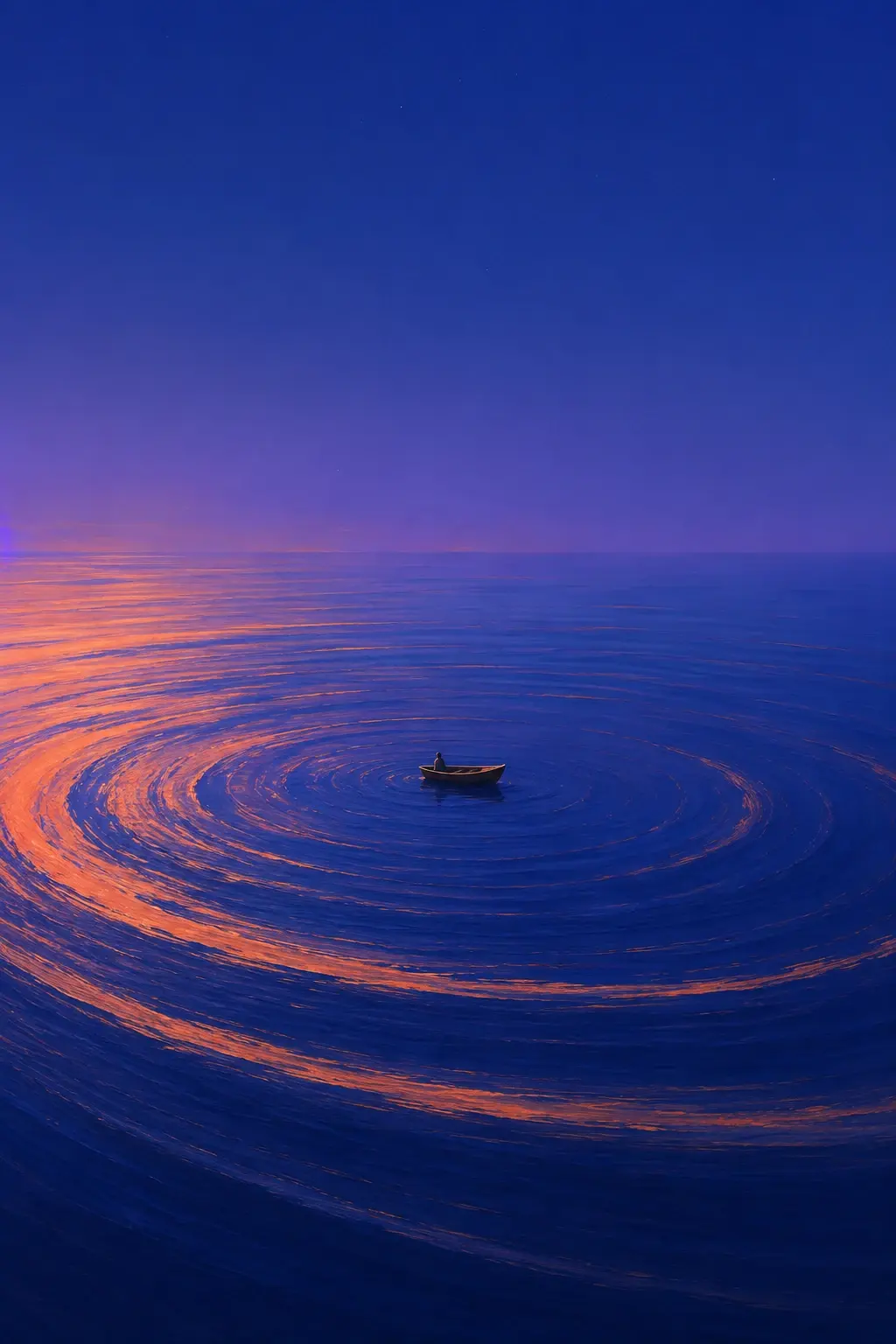 A tiny wooden boat floating alone on an impossibly vast calm ocean, viewed from a slightly elevated distance, the ocean surface forming gigantic circular ripples around the boat that continue far beyond the edges of the frame, deep cobalt and ultramarine water blending into a blue-violet horizon, warm peach-orange reflections following the circular currents, enormous empty sky above, one tiny human silhouette sitting inside the boat, poetic loneliness and infinite scale. Surreal cinematic fine-art landscape, dreamlike impossible environment, deep cobalt blue and indigo atmosphere, warm peach, amber and dusty orange highlights, sweeping fluid brushstrokes and long-exposure-like curved motion trails, painterly textured surface, subtle analog film grain, soft glowing light, slightly vintage photographic print, ethereal atmospheric perspective, minimal composition, enormous sense of scale, poetic solitude, realistic subject rendered within an impossible world, no text, no typography, no frame, portrait orientation, 4:5.