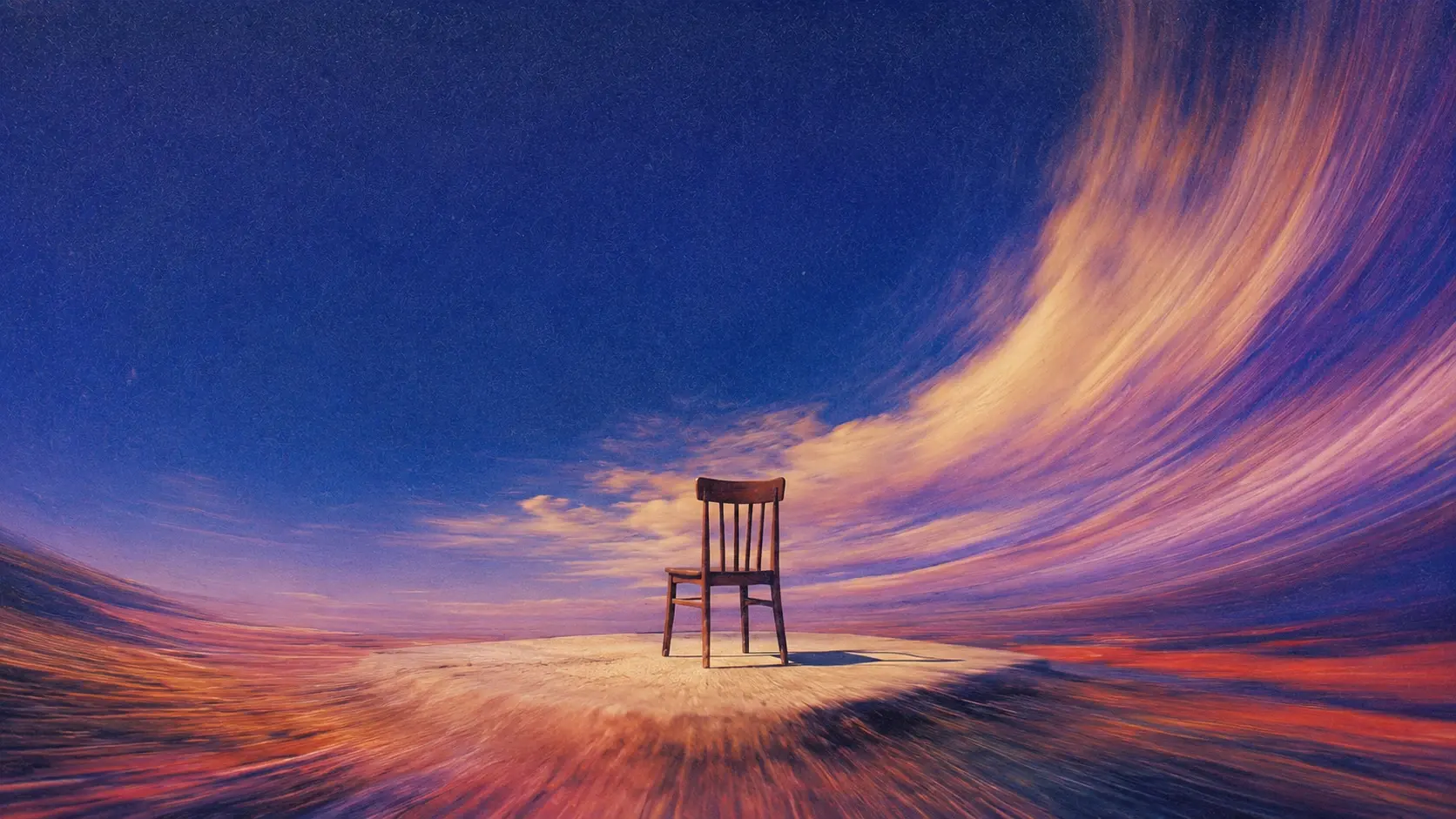 One old wooden chair standing completely alone on a tiny pale sandy island in an infinite surreal landscape, the ground stretching outward and dissolving into sweeping waves of peach, lavender and burnt orange brushstrokes, enormous cobalt-blue sky curling dramatically overhead like a celestial storm, warm light illuminating the chair and casting a long delicate shadow, quiet feeling of waiting and absence, cinematic wide emotional composition. Surreal cinematic fine-art landscape, dreamlike impossible environment, deep cobalt blue and indigo atmosphere, warm peach, amber and dusty orange highlights, sweeping fluid brushstrokes and long-exposure-like curved motion trails, painterly textured surface, subtle analog film grain, soft glowing light, slightly vintage photographic print, ethereal atmospheric perspective, minimal composition, enormous sense of scale, poetic solitude, realistic subject rendered within an impossible world, no text, no typography, no frame, portrait orientation, 4:5.