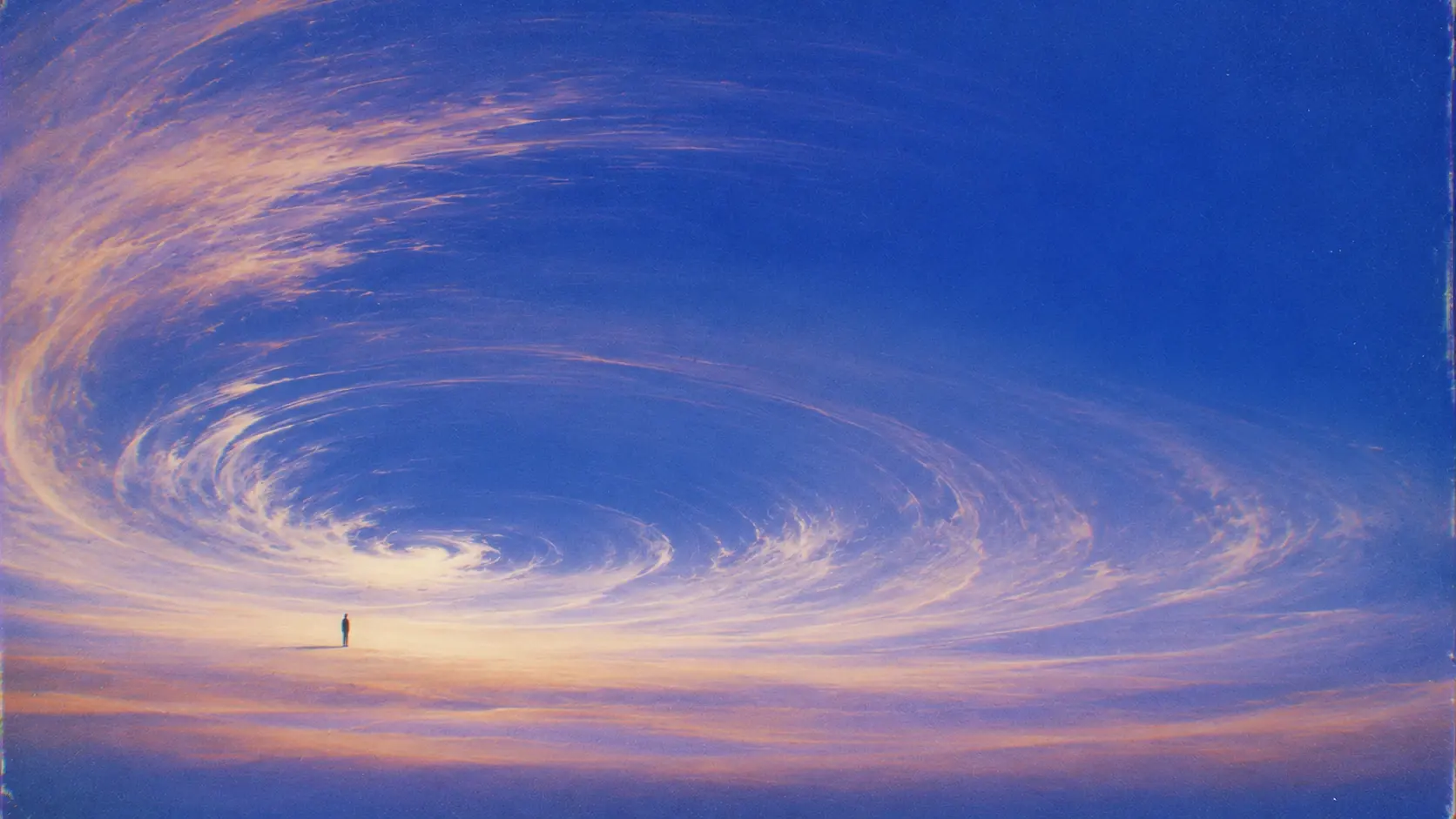 A single tiny human silhouette standing motionless in an enormous empty pale landscape, positioned low and slightly left of center, while the entire cobalt-blue sky bends into a gigantic spiral vortex above and around them, thousands of soft cream, peach and lavender atmospheric strokes forming concentric sweeping curves, the brightest glow concentrated near the horizon, extreme scale contrast, solitary contemplative mood. Surreal cinematic fine-art landscape, dreamlike impossible environment, deep cobalt blue and indigo atmosphere, warm peach, amber and dusty orange highlights, sweeping fluid brushstrokes and long-exposure-like curved motion trails, painterly textured surface, subtle analog film grain, soft glowing light, slightly vintage photographic print, ethereal atmospheric perspective, minimal composition, enormous sense of scale, poetic solitude, realistic subject rendered within an impossible world, no text, no typography, no frame, portrait orientation, 4:5.